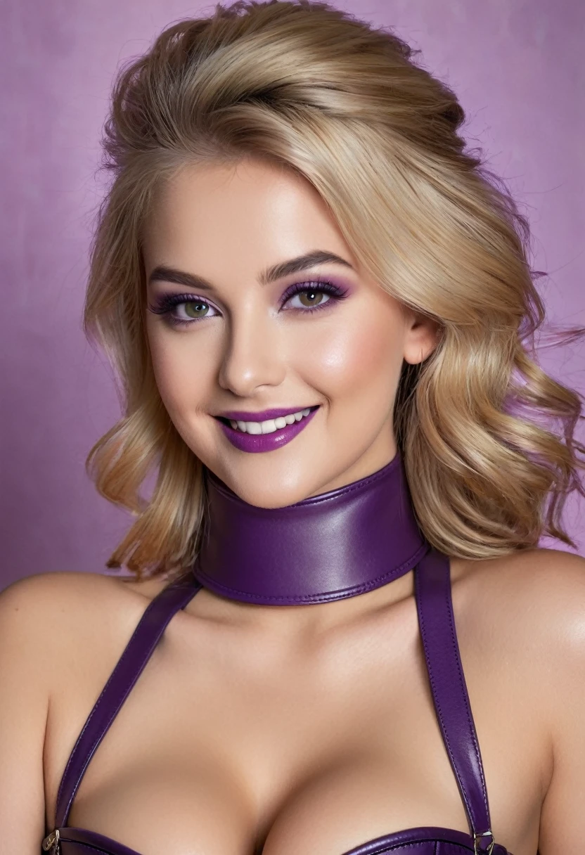 hyperrealistic beautiful busty 18-year-old women with long legs wearing purple leather corset bustier and leather pants, model shooting full body photography, natural blonde classic bun, dark eye makeup with eyeliner, seductive smile, small necklace, 8K, Best quality, Meisterwerk, ultra high resolution, (Realismus: 1.4), Originalfoto, (realistische Hautstruktur: 1.3), (Filmkorn: 1.3), (Selfie-Winkel), 1 girl, Beautiful round hazel eyes and facial details, Meisterwerk, Best quality, outdoor at movie set