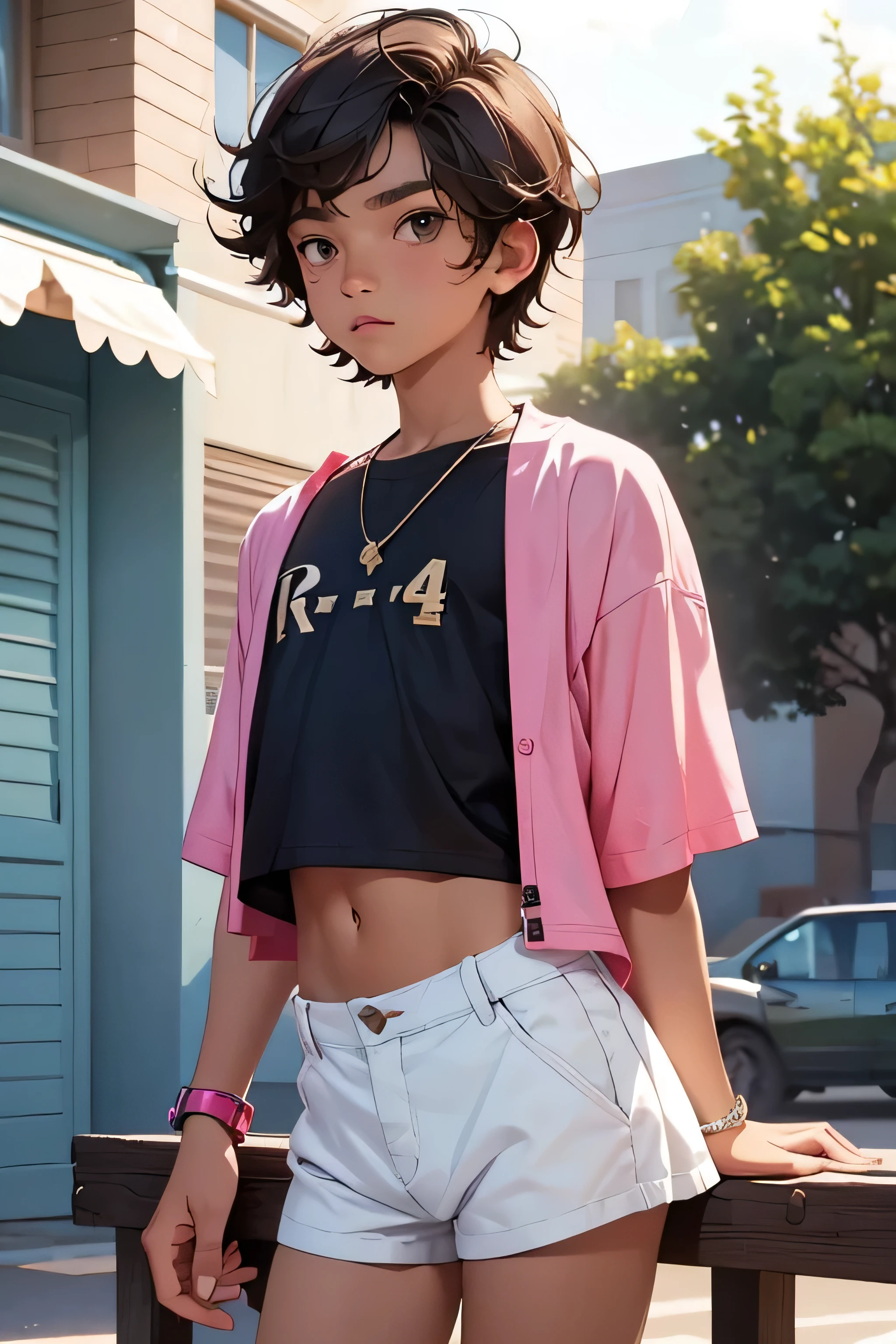 Teen boy 14 years old, boy wears a crop shirt and too very short mini shorts, hot summer, boy flirty posing, highest quality,