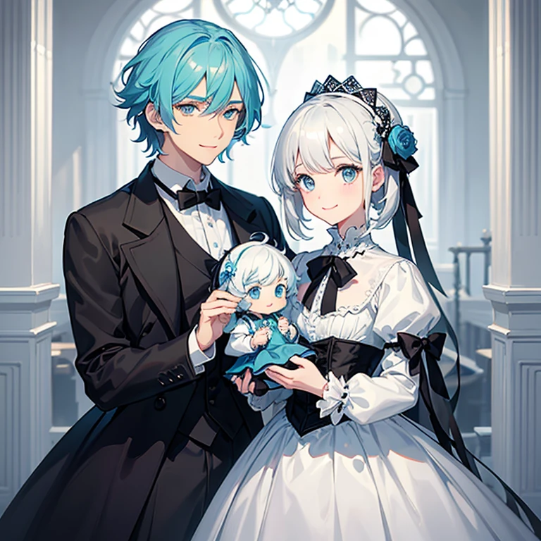 Beautiful and adorable male , light complexion, short white hair, smiling, aquamarine blue right eye and gray left eye, dressed in black and white Victorian children's clothing.