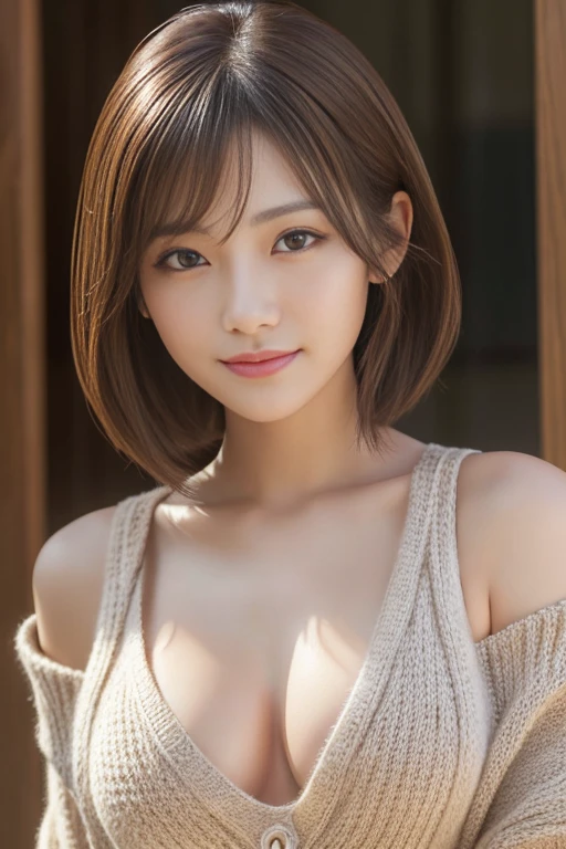 The most beautiful Japanese woman in the world、(masterpiece:1.3), (8k, Photorealistic, Raw photo, Best image quality: 1.4), Japan Business Woman、27-year-old female、(Random Hairstyles:1.2)、Cleavage:1.2、Super detailed face、Attention to detail、double eyelid、Put your chest together、Sharp focus:1.2、Beautiful woman:1.4、Light brown hair、highest quality、masterpiece、超A high resolution、(Photorealistic:1.4)、Highly detailed and professionally lit smile、Loose, lightweight knitwear、Shoulders out、thin、Serious expression、Short-haired、Deadly position