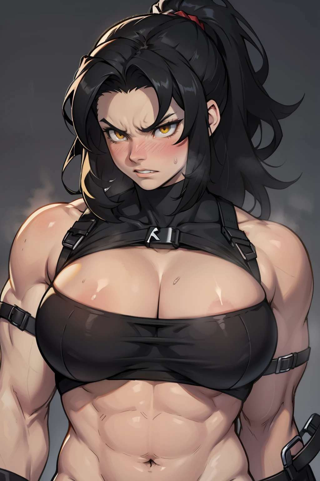 pale skin muscular huge breasts black hair yellow eyes angry blush 