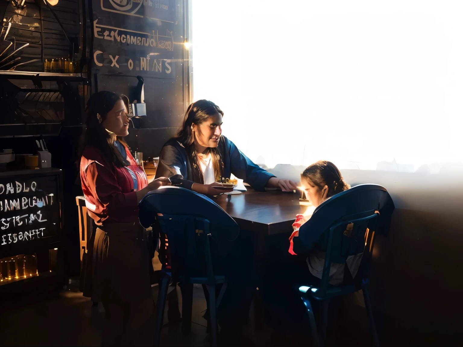Escena con luz de atardecer, luz lateral, luz rembrandt, un padre viejito, little daughter and waitress, muy humildes piden comida en una mesa humilde con sillas plasticas, a una mesera, en un local de comida callejera, en un atardercer o hora dorada. Rostros y personajes bellamente alumbrados y con luces y sombras en ellos, Very iluminated Scene with intense evening light (Rembrandt light) an old father, little daughter and waitress, very humble, ordering food at a humble table with plastic chairs, from a waitress, in a street food establishment, at sunset or golden hour. Faces and characters beautifully lit and with lights and shadows in them. Light from the right side. filmada con sony a 7 iii, foto comercial de juguete, por Alexander Brook, por Alexander Fedosav, broken toys are scattered everywhere, por Dietmar Damerau, por Michael Goldberg, por William Berra, foto tomada en 2018, por Jakob Gauermann
