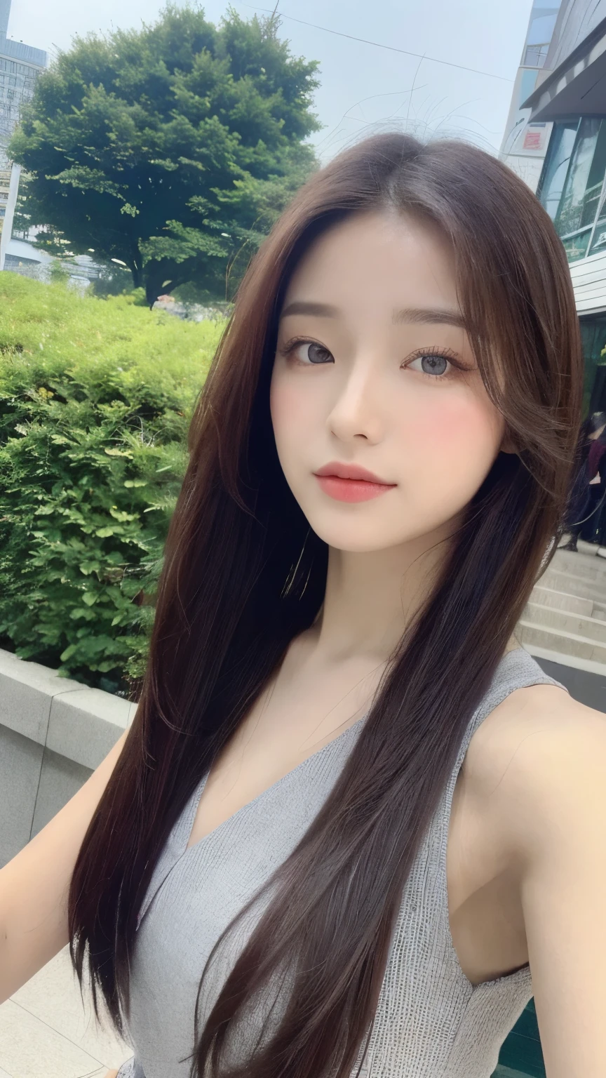 Realistic， high resolution：1.3）， 1 fille avec un corps parfait， Visage et yeux super fins，cheveux long  in city korea