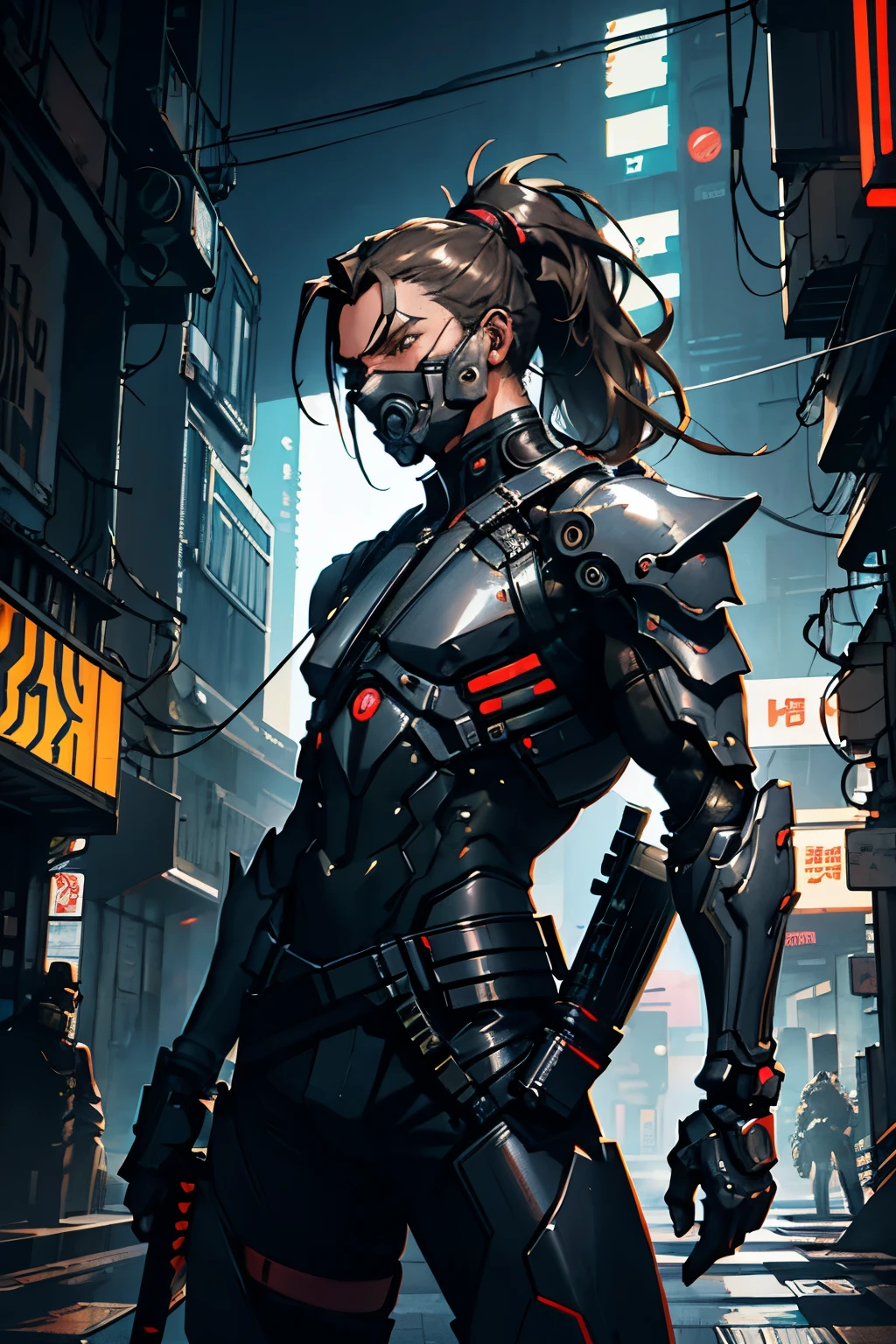 male features,middle aged man, long ponytail hair, holding a cyberpunk katana, wearing a brown mechanical armor and mask, toned skin, highly detailed, cinematic lighting, futuristic cyberpunk setting, dramatic shadows, glowing neon accents, realistic textures, intricate mechanical details, dynamic pose, hyper realistic, photorealistic, 8k, award winning