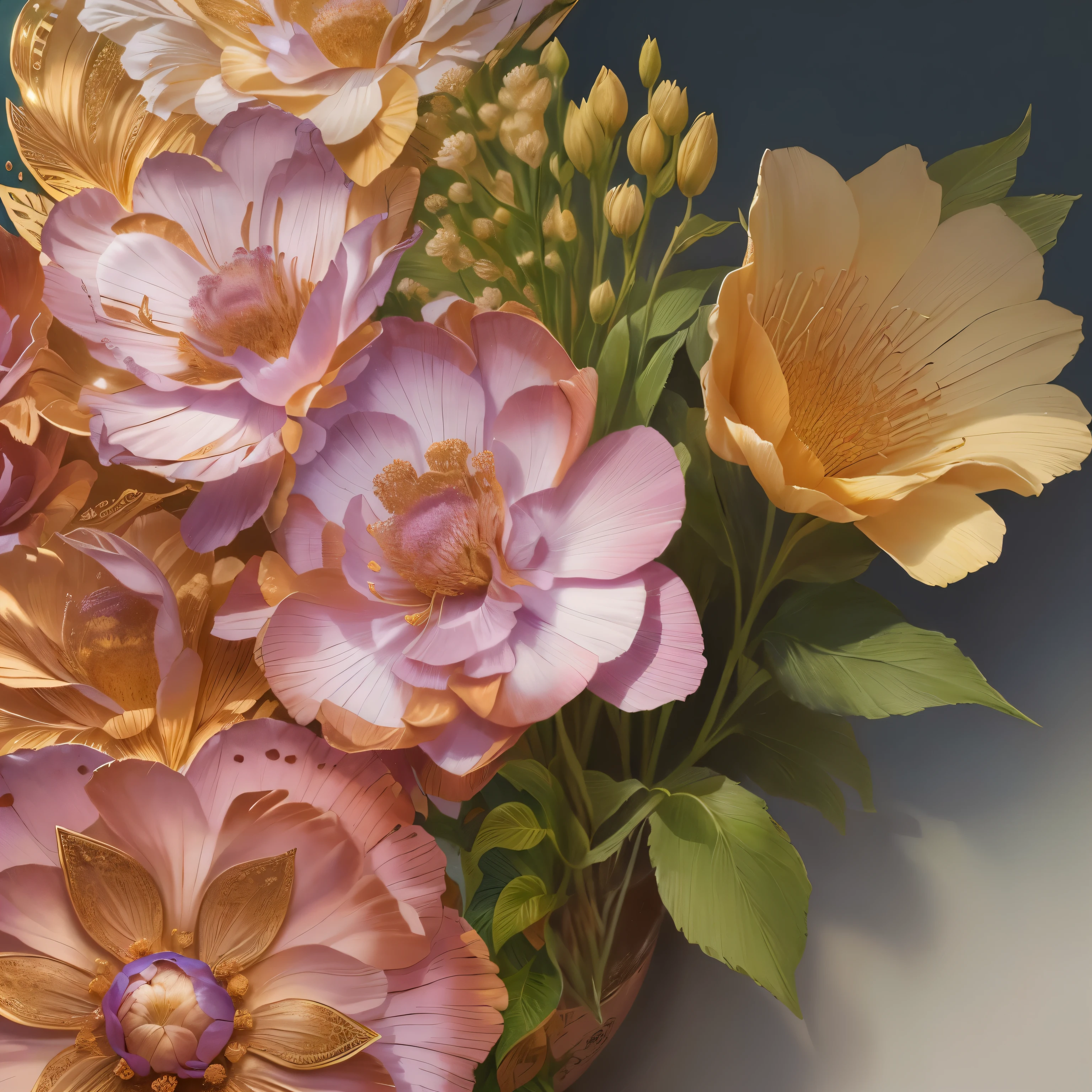 there are many flowers that are in a vase on the table, Flores detalladas, Flores con detalles intrincados, Oil painting of realistic flowers, por Richard Sedlon, flores de oro, pintura detallada 4k, Hermosas flores grandes, flores y oro, Flores doradas en copos, pintura hiperdetallada, flores doradas, por Wu Zhen, grandes flores opacas