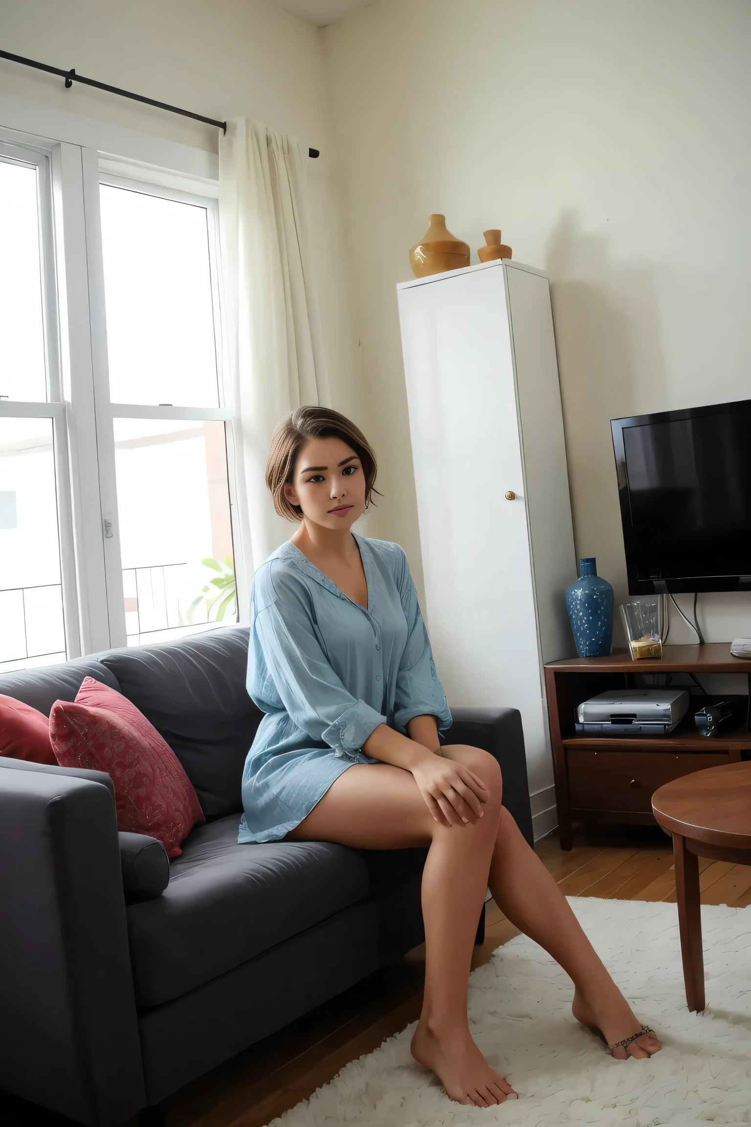 Beautiful woman with short hair,alone,casual,living room