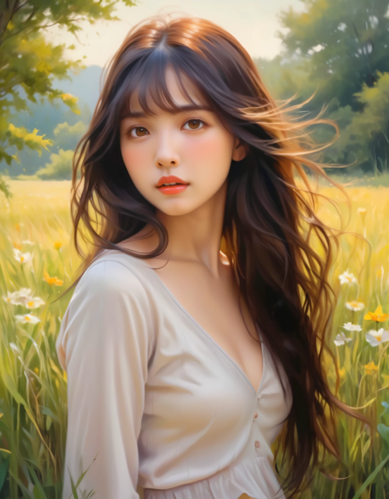 girl,fair skin,long black hair,bright brown eyes,beautiful detailed lips,stylish outfit,confident posture,standing on a grass field,natural sunlight,soft ethereal atmosphere,medium:oil painting,ultra-detailed,photorealistic,vibrant colors,vivid greenery,dainty flowers,serene expression,slight wind blowing her hair,peaceful and tranquil ambiance,painting captures the girl's grace and elegance,subtle play of light and shadow,harmonious composition,meticulous brushwork,dynamic strokes,best quality,4k,studio lighting,bathed in warm sunlight,classic portrait style,soft and delicate color tones,a masterpiece on canvas.