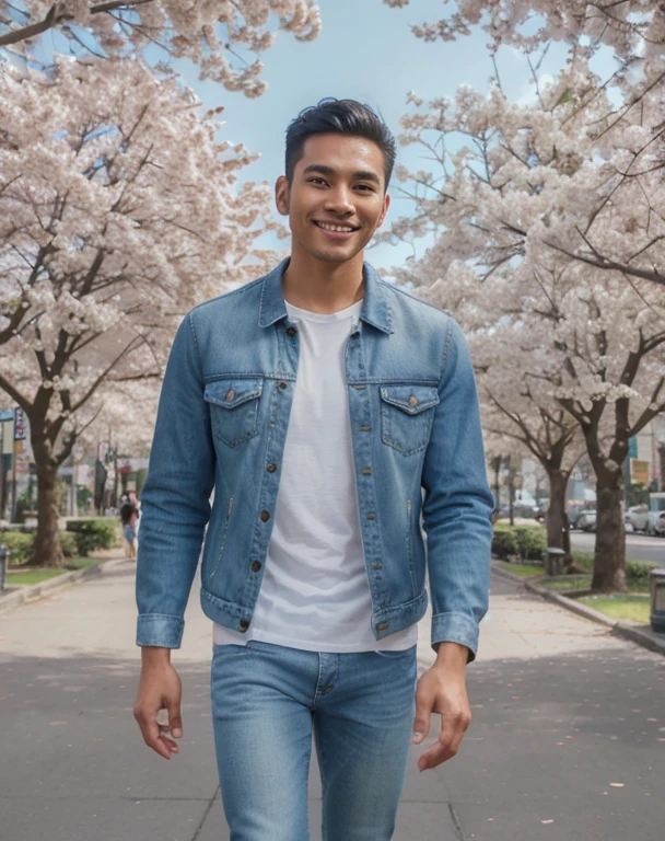 Hyperrealistic professional photography of the charming face of a 27 year old Indonesian man. wearing denim clothes complete with jacket, blue jeans and white sneakers. smiling looking at the camera. stroll in a trendy style along the streets in a very beautiful cherry tree park. highly detailed bright lighting, full HD 225k cinematics, digital graphics,