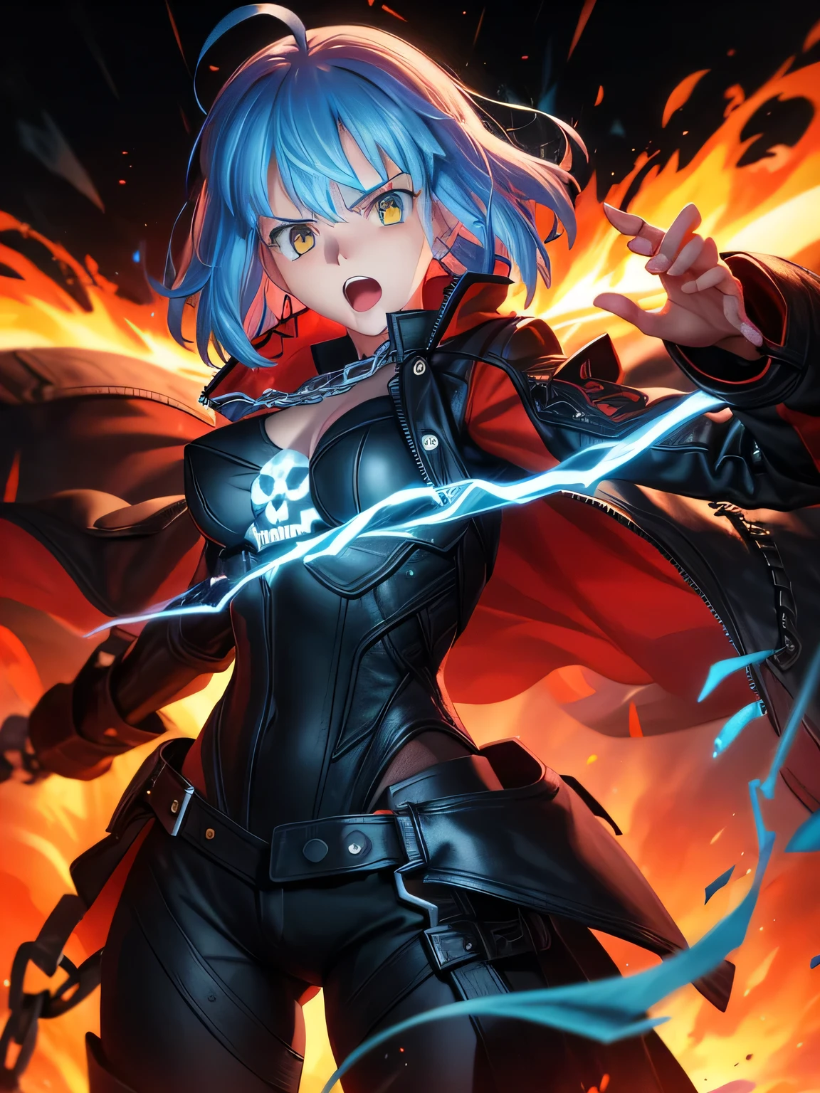 core_9、score_8_up、score_7_up、score_6_up、Movie-like scene、Dynamic pose、knva、Halftone effect、Inflamed skull、(Ghost Rider with a burning skull on his head)、Head of inflammation、Fiery neck、Burning Eyes、Fiery blue inflammation hair、Leather jacket、chain、Blue Fire、Fire breathing、Open your mouth、Huge Firebolt、Gazing at the viewer、Electric lightning arcs from body、Keep arms、Keep、arms、whip、Keepchain ((inflammation))、Cyberpunk Neon、Dark Cyberpunk City、OverallDetail lora:FireBreath:0.9>