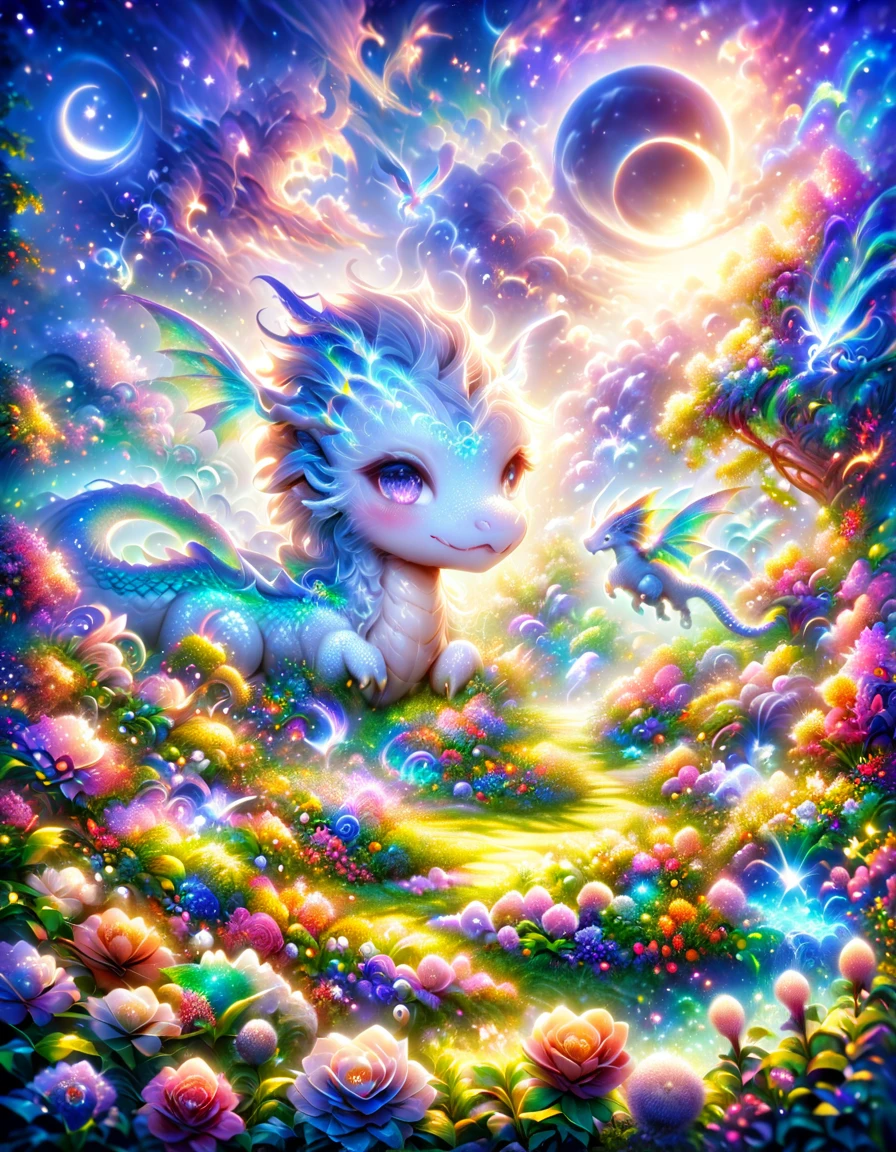 absurdres, highres, ultra detailed, HDR, master piece, best quality, small light-blue dragon, expressive purple eyes, fantasy magical background, sparkling, shining, moon, garden