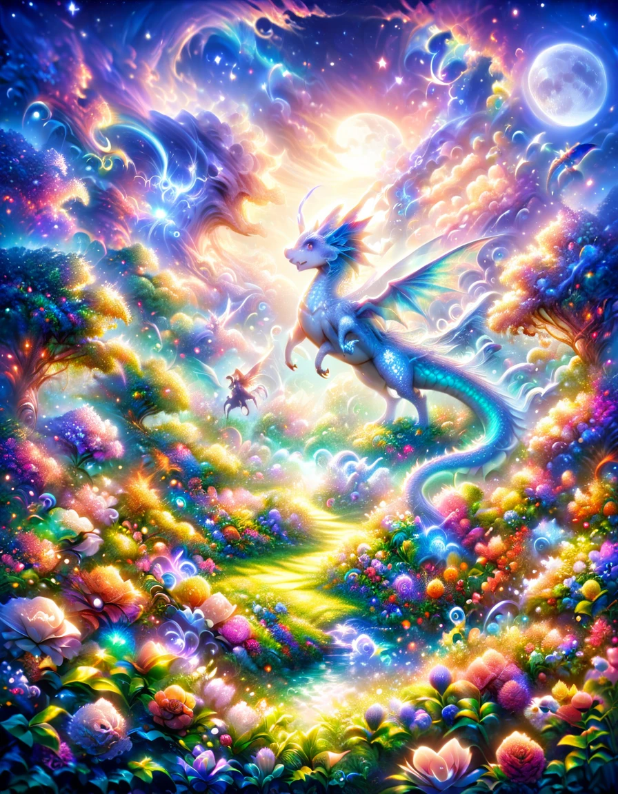 absurdres, highres, ultra detailed, HDR, master piece, best quality, small light-blue dragon, expressive purple eyes, fantasy magical background, sparkling, shining, moon, garden