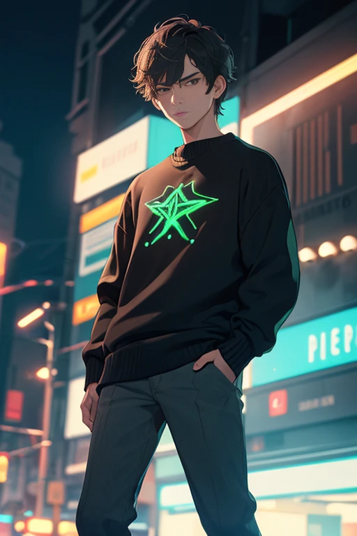 ((best quality)), ((masterpiece)), (detailed), male, boy, dark brown eyes, blank stare, eye brows, short dark hair, black sweater, gray pants, outside, nighttime, neon lights, green and blue lights in the background