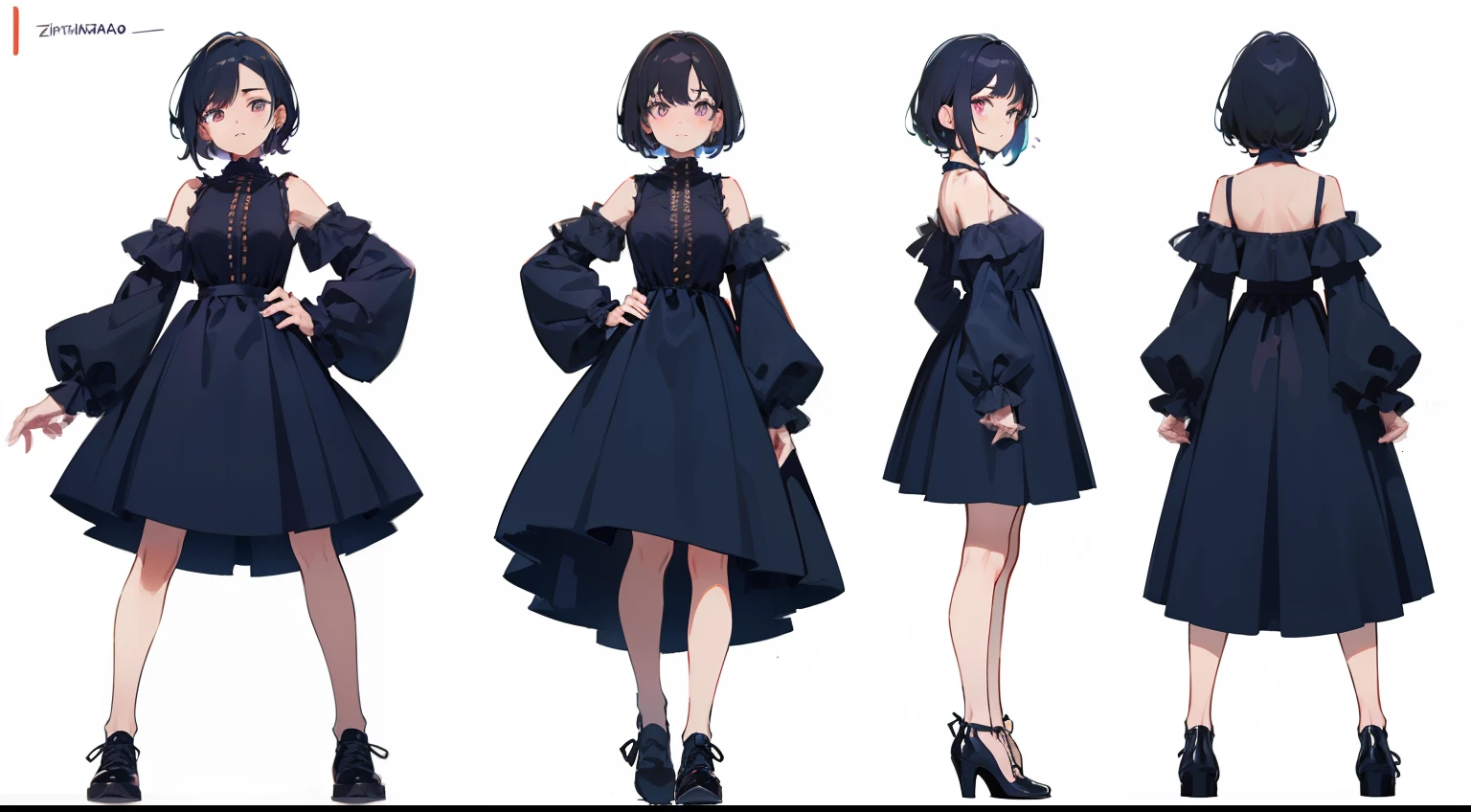 (obra maestra), (mejor calidad), Sharp focus, (Character Design Sheet, mismo personaje, cuerpo completo, side, back), ILLUSTRATION, (cabello detallado, cara detallada, estructura corporal detallada), ((1 mujer, solo)), rostro femenino perfecto, Pose Zitai, detailed design character, cabello morado de puntas lilas, Peinado largo , ((ojos azules, hermosas formas de ojos)), female gothic dress, pies descalzos, (simple background, white background: 1.3)