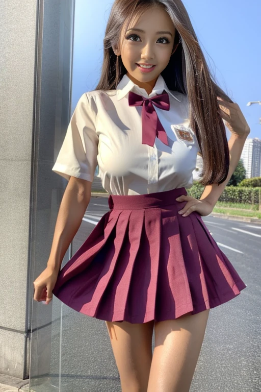 Super huge breasts, Gyaru, ditail lips, pink lips, long hair, cleavage of breasts, smile, beautiful asian girl, short skirt, gal, shining skin, brown hair, dark skin, tanned skin, brown skin, gigantic breasts, JK , hi-school girl, school student uniform, muscular, muscular legs, long legs, shining legs, chest bulge