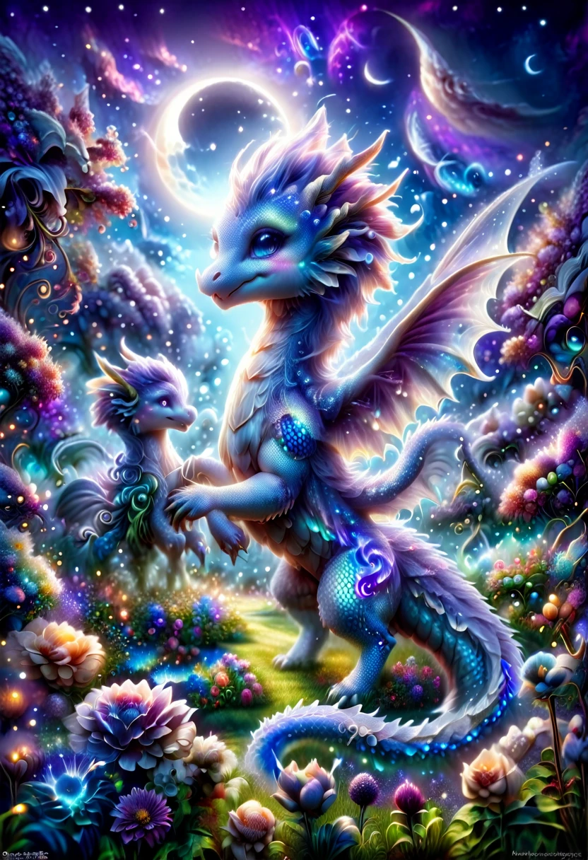 absurdres, highres, ultra detailed, HDR, master piece, best quality, small light-blue dragon, expressive purple eyes, fantasy magical background, sparkling, shining, moon, garden