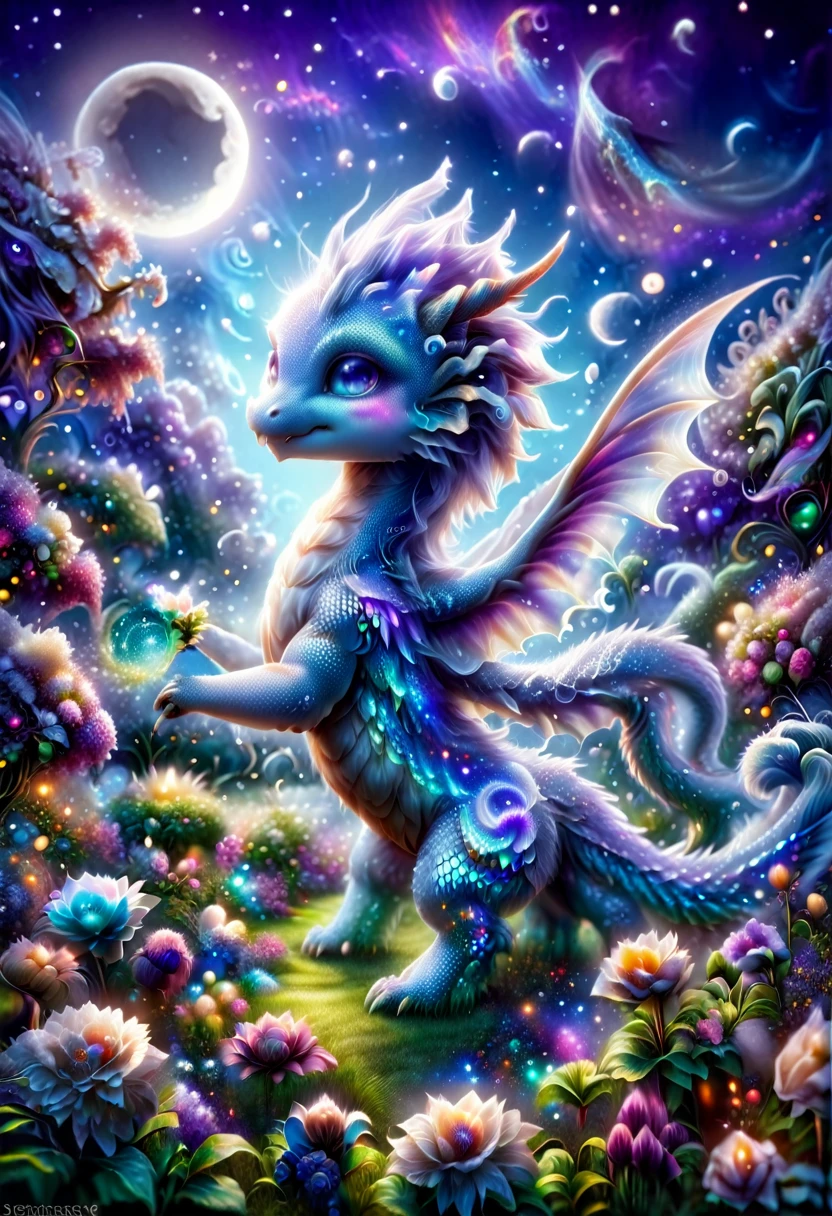 absurdres, highres, ultra detailed, HDR, master piece, best quality, small light-blue dragon, expressive purple eyes, fantasy magical background, sparkling, shining, moon, garden