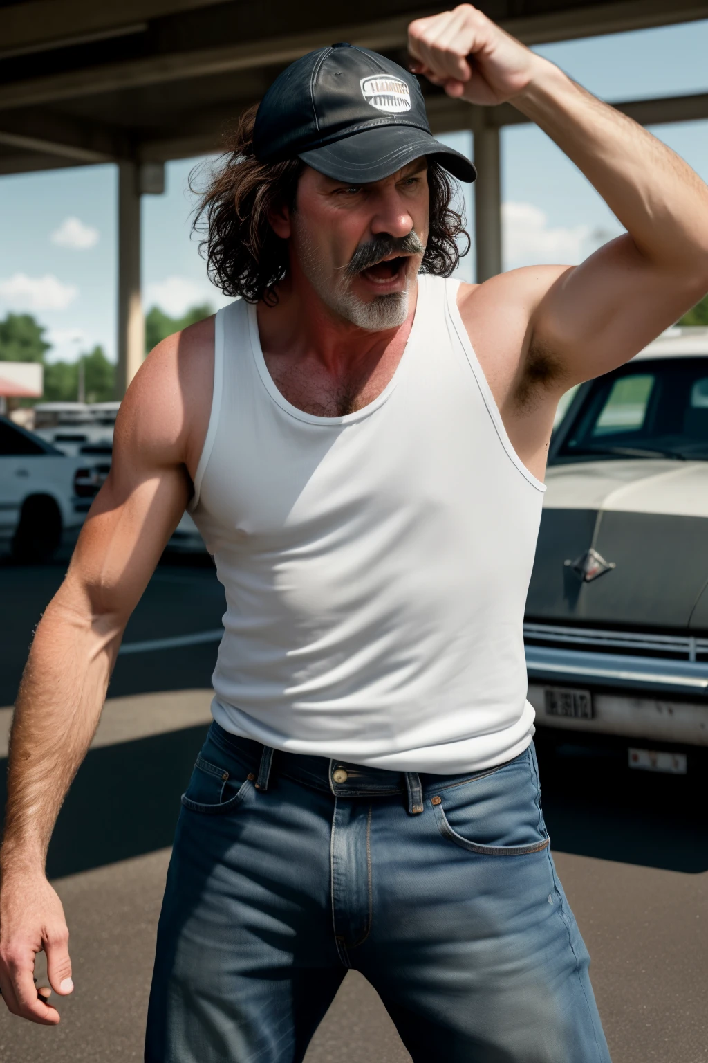 Thin, middle-aged white man with curly dark mullet and mustache, wearing cap, dirty white tank top and jeans, screaming violently in supermarket parking lot, pointing at someone offscreen, extremely realistic, extremely detailed, extreme realism, extreme detail, gritty, trashy, 4k, 8k, white trash