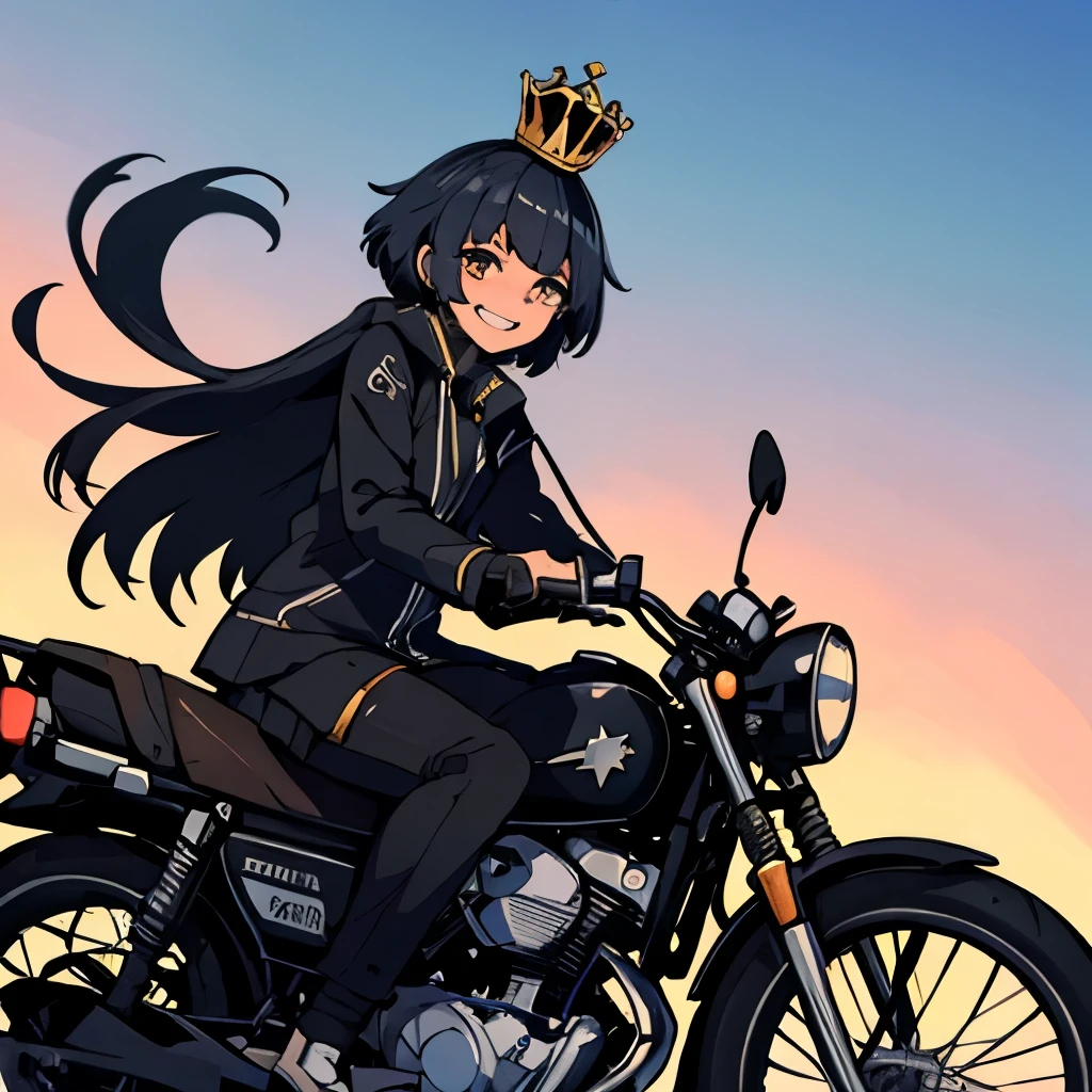 8k, black anime girl, sitting on motorbike, looking sky, smile and crying, crown light; shadow of man behind her