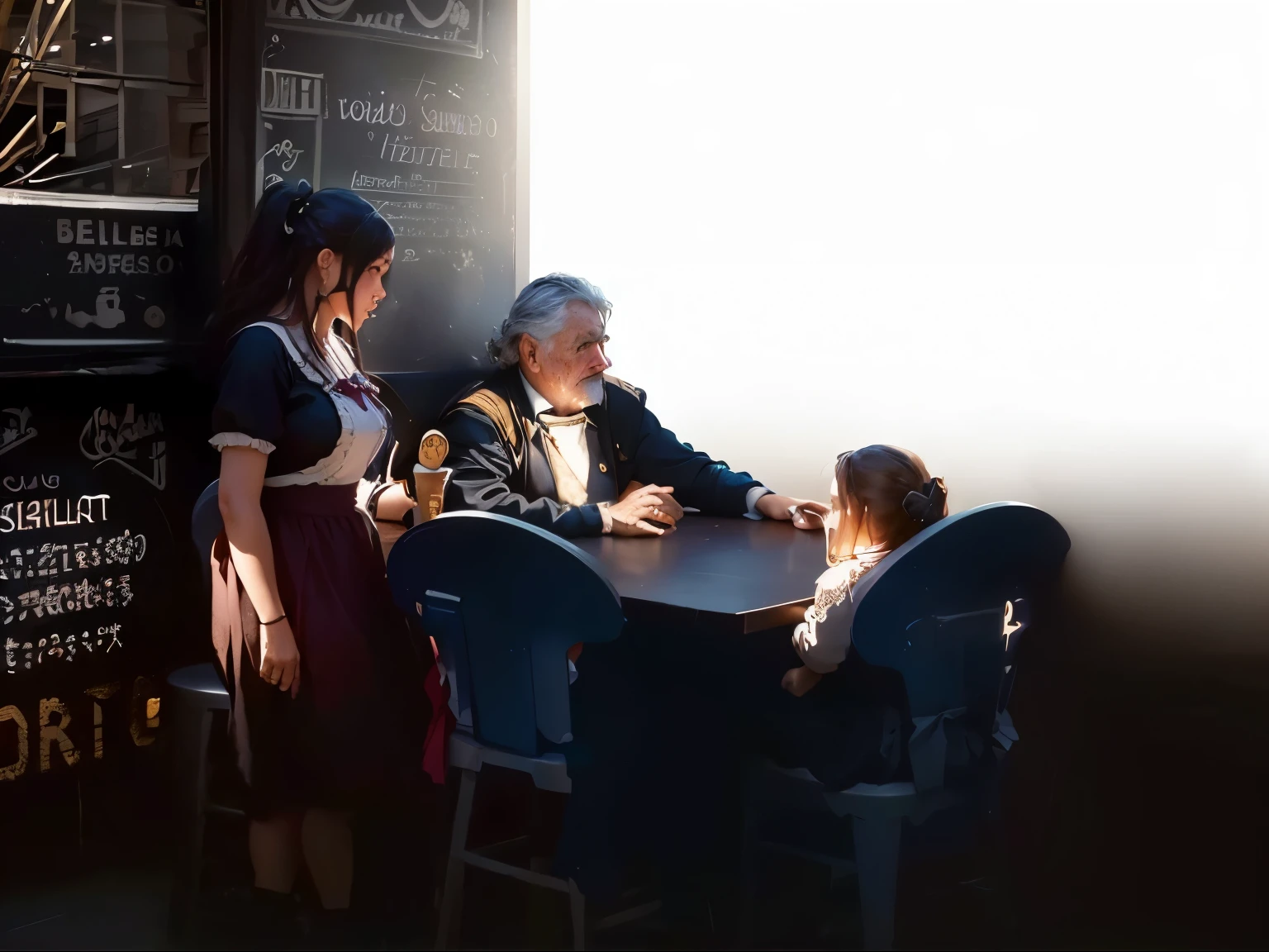 Escena con luz de atardecer, luz lateral, luz rembrandt, un padre viejito, little daughter and waitress, muy humildes piden comida en una mesa humilde con sillas plasticas, a una mesera, en un local de comida callejera, en un atardercer o hora dorada. Rostros y personajes bellamente alumbrados y con luces y sombras en ellos, Very iluminated Scene with intense evening light (Rembrandt light) an old father, little daughter and waitress, very humble, ordering food at a humble table with plastic chairs, from a waitress, in a street food establishment, at sunset or golden hour. Faces and characters beautifully lit and with lights and shadows in them. Light from the right side. filmada con sony a 7 iii, foto comercial de juguete, por Alexander Brook, por Alexander Fedosav, broken toys are scattered everywhere, por Dietmar Damerau, por Michael Goldberg, por William Berra, foto tomada en 2018, por Jakob Gauermann