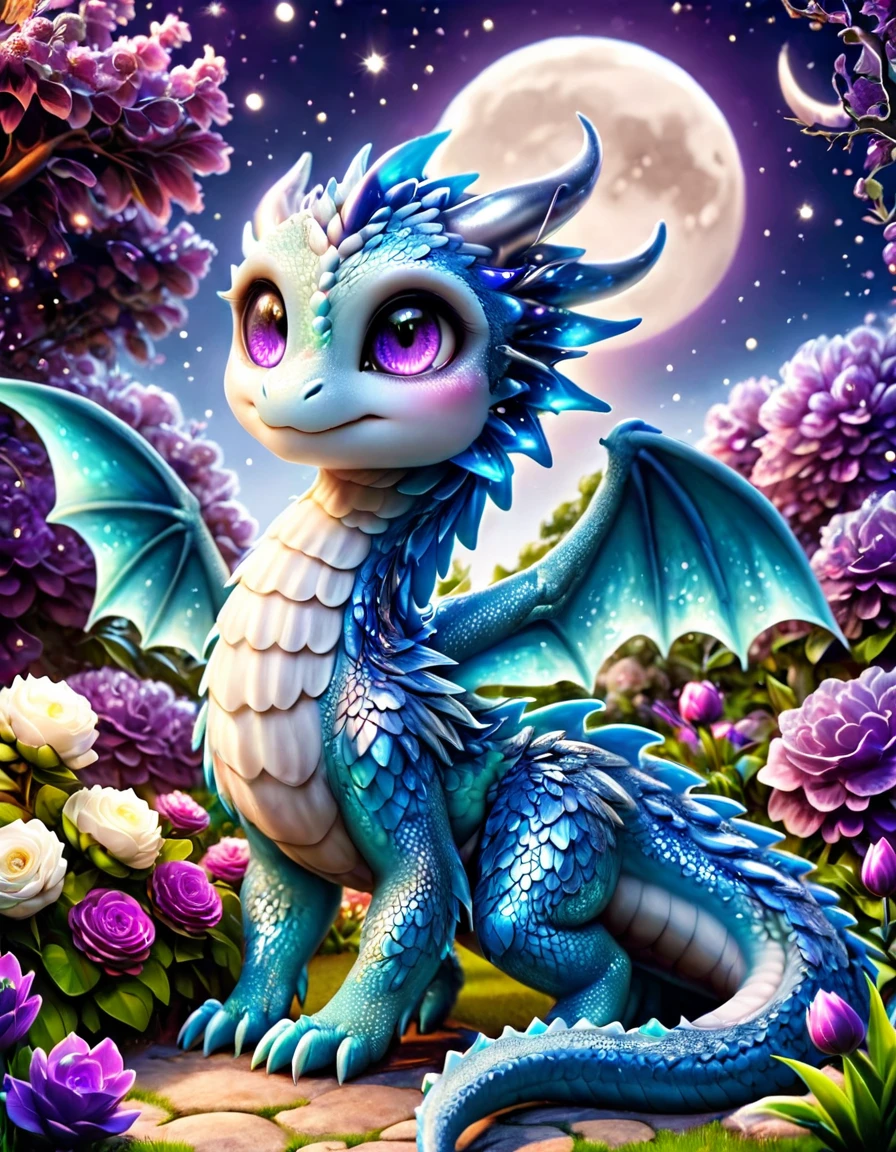 absurdres, highres, ultra detailed, HDR, master piece, best quality, small light-blue dragon, expressive purple eyes, fantasy magical background, sparkling, shining, moon, garden