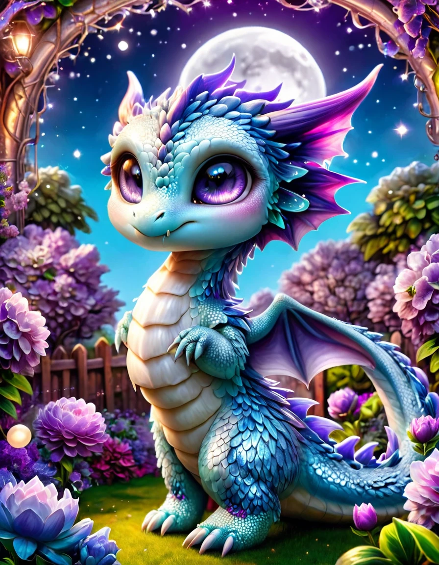 absurdres, highres, ultra detailed, HDR, master piece, best quality, small light-blue dragon, expressive purple eyes, fantasy magical background, sparkling, shining, moon, garden