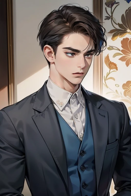 masterpiece, best quality, realistic, 1man, mature male, quiet and charming young man, 18 years old, look serious, closed mouth, portrait, extremely detailed face, soft smile, ((dark grey eyes)), ((short-left-swept dark brunette hair)), [thick eyebrows], dining room ((blue suit))