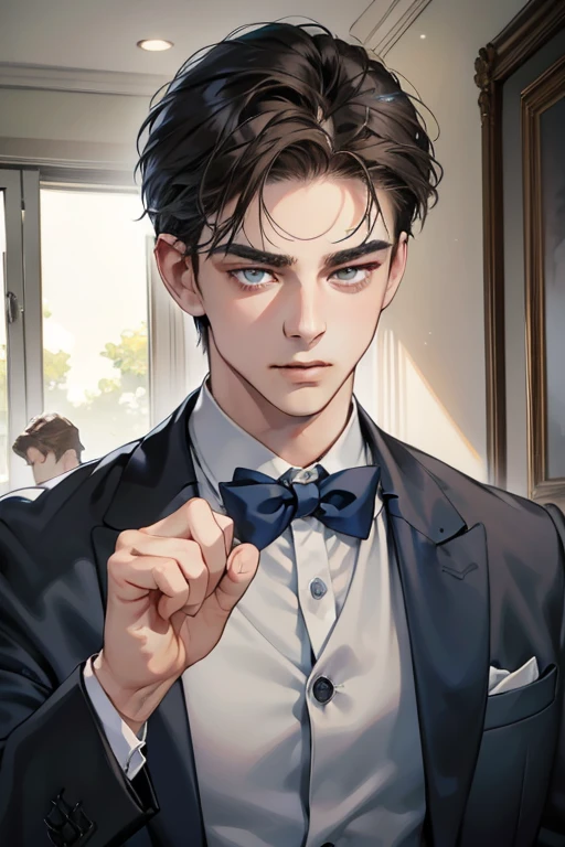 masterpiece, best quality, realistic, 1man, mature male, quiet and charming young man, 18 years old, look serious, closed mouth, portrait, extremely detailed face, soft smile, ((dark grey eyes)), ((short-left-swept dark brunette hair)), [thick eyebrows], dining room ((blue suit))