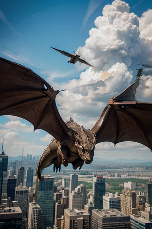 Dragon flying over a city 
 
