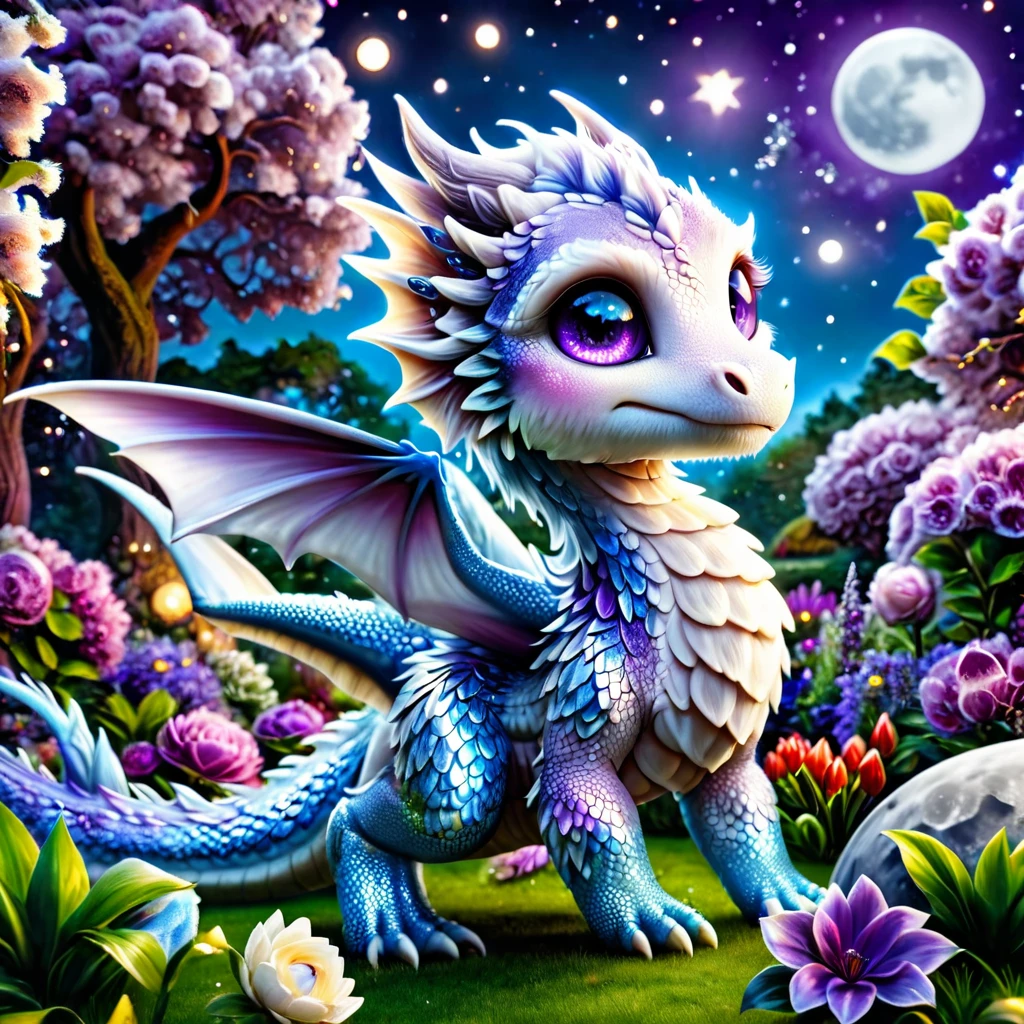 absurdres, highres, ultra detailed, HDR, master piece, best quality, small light-blue dragon, expressive purple eyes, fantasy magical background, sparkling, shining, moon, garden