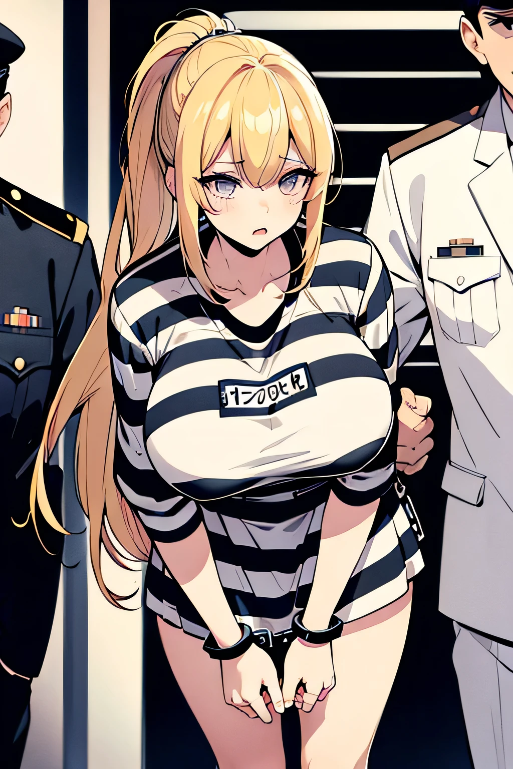 Long blonde hair, handcuffed, arrested, mature female, milf, big breasts ,40 years old, pon prison uniform, prisoner, black and white stripe prison uniform, waifu material, mature, ponytail, oneesan, elder sister 