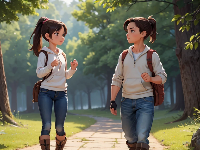 masterpiece; Style: daily; necessary background: Nature of Russia, middle line, random landscape; обязательный Style одежды: zip-up sweatshirt, jeans, hiking boots, fingerless gloves, backpack; Characters: 1 effeminate guy, who looks defenseless(male body type, however sexy attractive image, ponytail hairstyle, предпочитает женский Style одежды) and 1 muscular girl with an aesthetic almost flat chest and an athletic physique (female body type, Male character, noticeable musculature, quite capable of walking half naked, предпочитает мужской Style одежды) (absolute similarity(twins)) Brother and sister, very tousled semi-long brown hair, Brown eyes, round beautiful face, muscular proportional athletic trained body, trained arms and legs, Graceful fingers, aesthetic proportional small wide nose, plump lips; aesthetic completeness, perfect face; Free standing pose, Interaction with each other; many small details, complex parts; High quality textures, high detail, Realistic human anatomy, realistic textures, daylight, increased image clarity