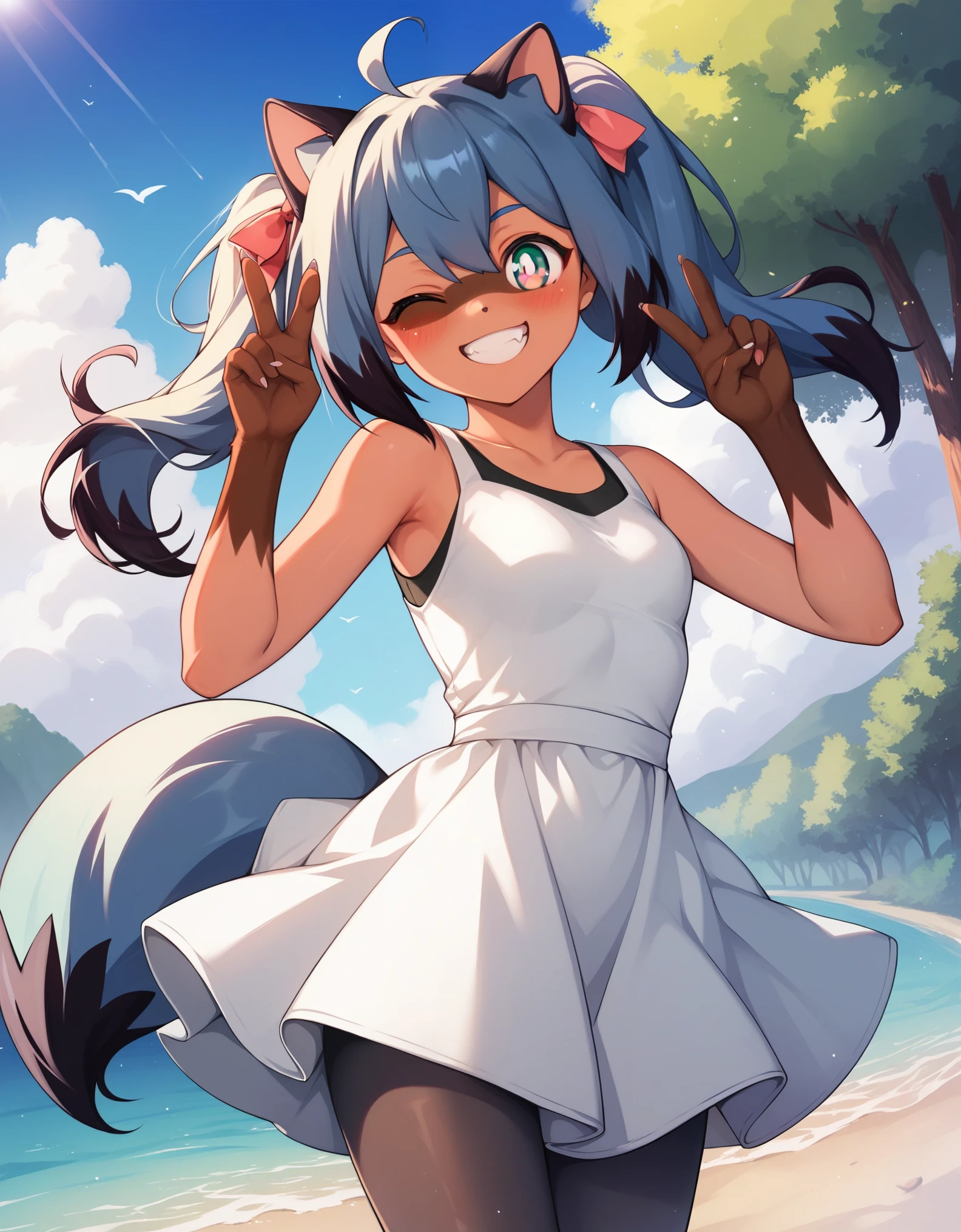score_9,score_8_up,score_7_up, source_cartoon, source_furry, cat boy, cat tail, dark blue hair, hair over one eye, high long ponytail with volume,spike side hair, furry, blush, looking at viewer, smile, 1boy, cat ears, furry male, white body fur, ((flower on hair, dark blue strapless fringed bandeau bikini)), beach, clear sky, blue eyes, blush, :3, navel, femboy, cute, furry, solo, v, open mouth, smile, looking at viewer, leg up, navel, male focus, 1boy, furry boy, full body, feets with three toes, 3 toes, feet towards viewer, from above, dynamic action shot, speed lines, motion blur, Birds Eye view, fight, kick action, pawpads,