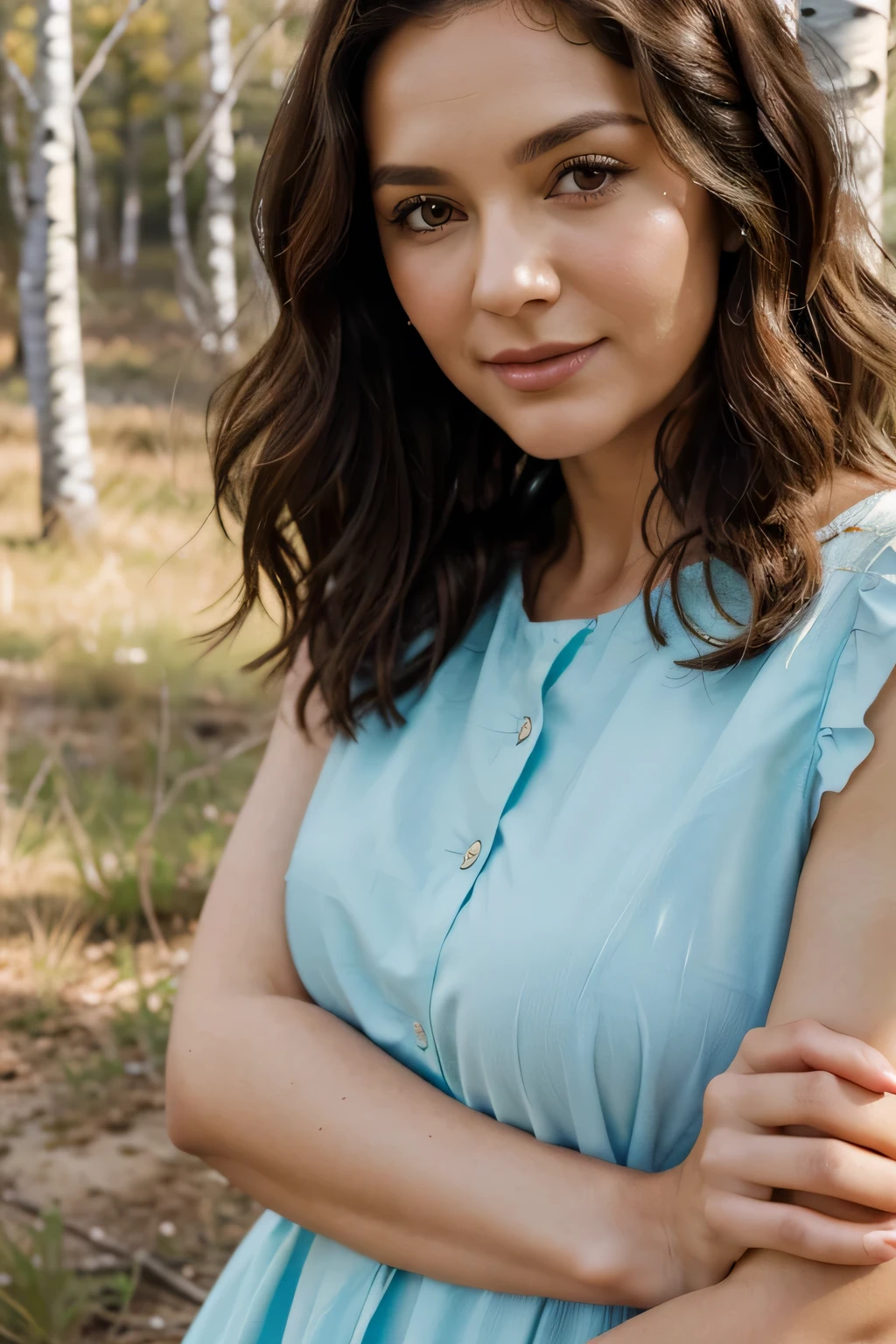 woman age 50 brunette, short hairstyle, wavy hair, dressed in a beautiful dress, close-up shot hugging a birch tree