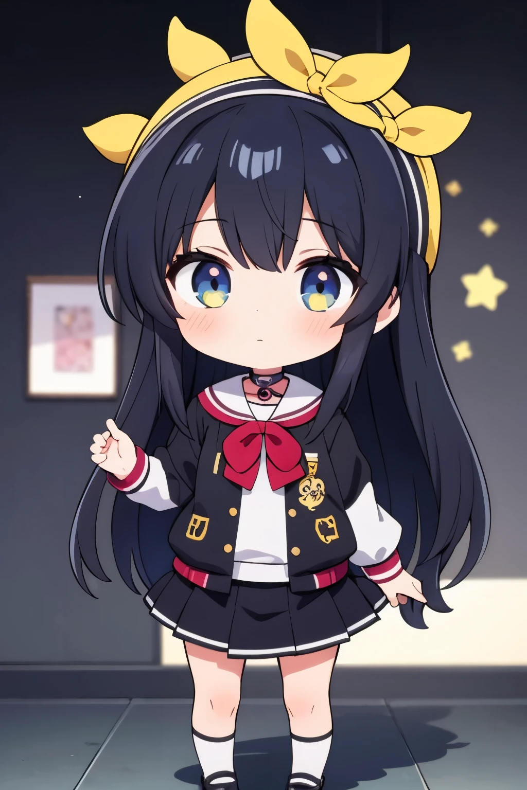 1girl,chibi,Black Hair　long hair　mini skirt　20-year-old women　Headband　Cute　Anime Style