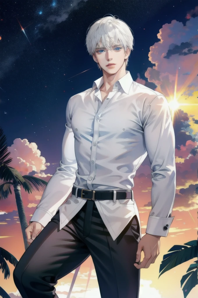 (masterpiece, best quality), 1 man, adult, handsome, high muscular face, broad shoulders, finely detailed eyes and detailed face, extremely detailed CG unit 8k wallpaper, intricate details, white blouse, black pants, very short hair, white hair, bright blue eyes, sunset background, cinematic light, backlighting, bright white particles, flare lens, colorful, twilight, overcast sky