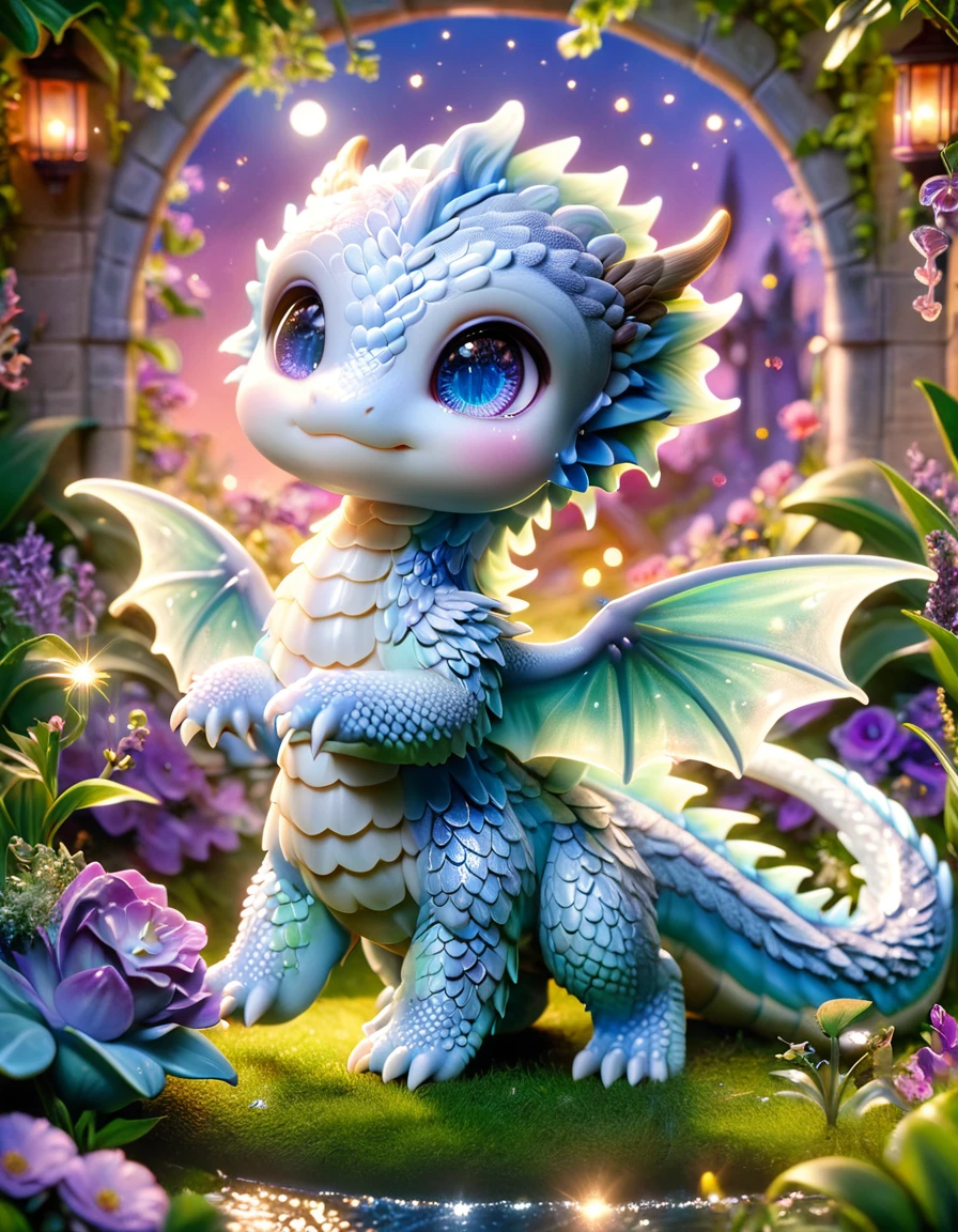 absurdres, highres, ultra detailed, HDR, master piece, best quality, small light-blue dragon, expressive purple eyes, fantasy magical background, sparkling, shining, moon, garden