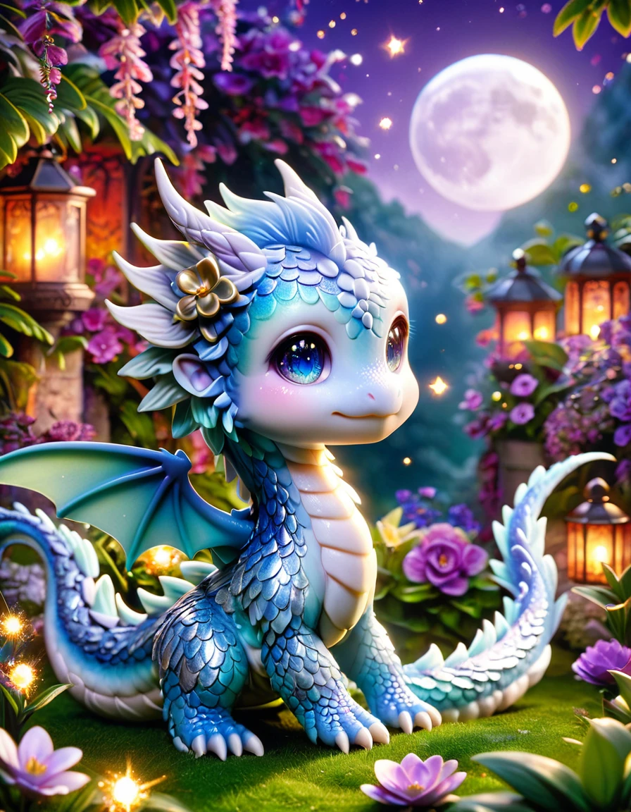 absurdres, highres, ultra detailed, HDR, master piece, best quality, small light-blue dragon, expressive purple eyes, fantasy magical background, sparkling, shining, moon, garden