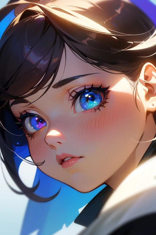 1girl, Second element,ACG,beautiful detailed eyes, beautiful detailed lips, extremely detailed eyes and face, long eyelashes, dark hair, blue highlights, heterochromia, left eye black, right eye blue, right eye stars, ahoge, waving, cute, ((anime-style)), (colorful), vibrant colors, dynamic pose, soft lighting, highly detailed, 8k, cinematic, masterpiece, photorealistic, digital art