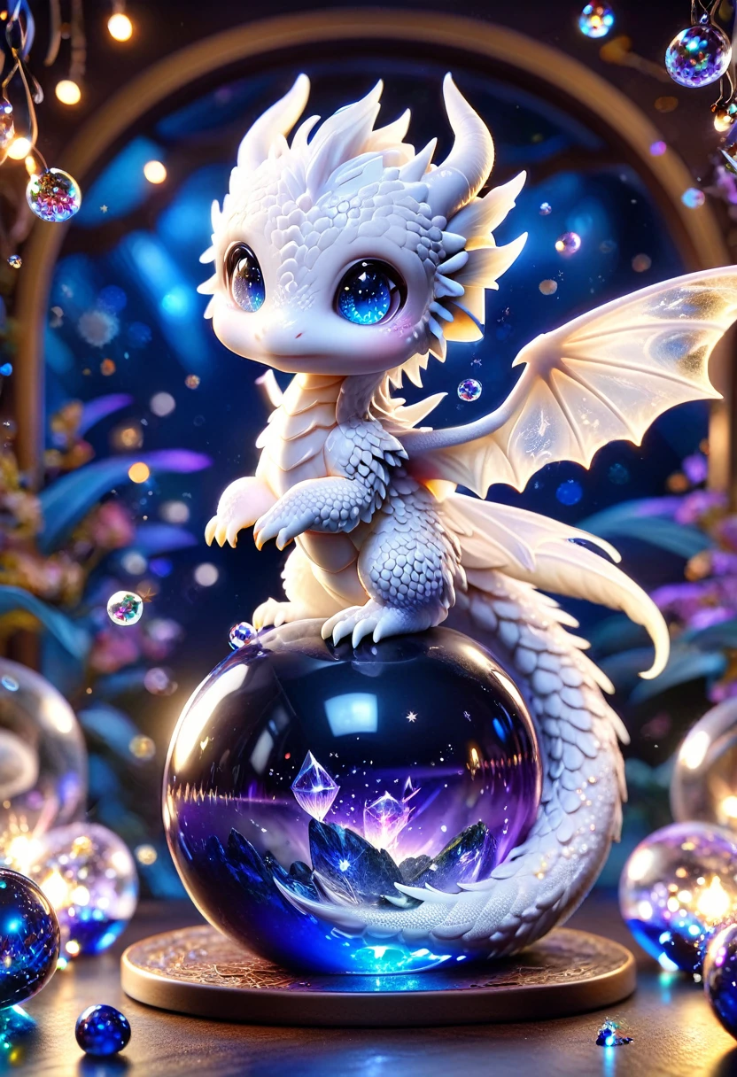 absurdres, highres, ultra detailed, HDR, master piece, best quality, ( trapped inside a crystal ball) small white dragon, expressive blue eyes, white eyelashes, blue horns, wings, fantasy magical background, sparkling, shining, purple lightning, floating round lights, starry, void