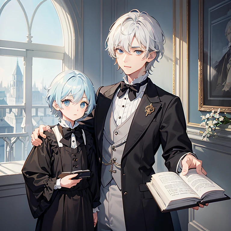 Little male , one, alone, fair complexion, short white hair, aquamarine blue right eye and gray left eye, dressed in black and white male Victorian children's clothing with books in hand.