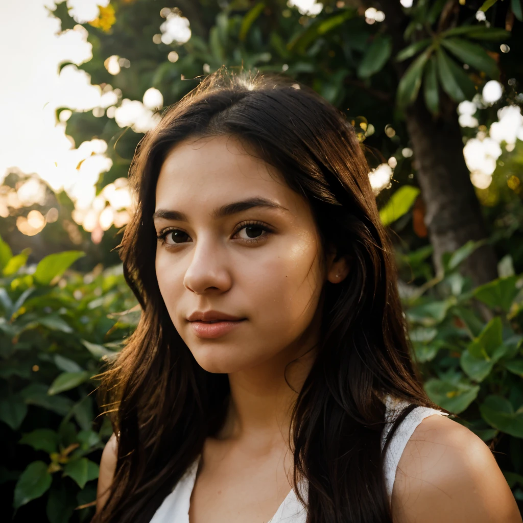 (chef-d&#39;artwork, Best quality:1.2), 1fille, Seulement, The prompt used:

A photorealistic portrait of a 21-year-old colombian girl with long, flowing dark hair and striking dark eyes. She should have a natural, approachable expression and be illuminated by soft, golden-hour sunlight. The background should be a scenic outdoor setting, perhaps a sunlit park or beach. Capture this image with a high-resolution photograph using an 85mm lens for a flattering perspective.