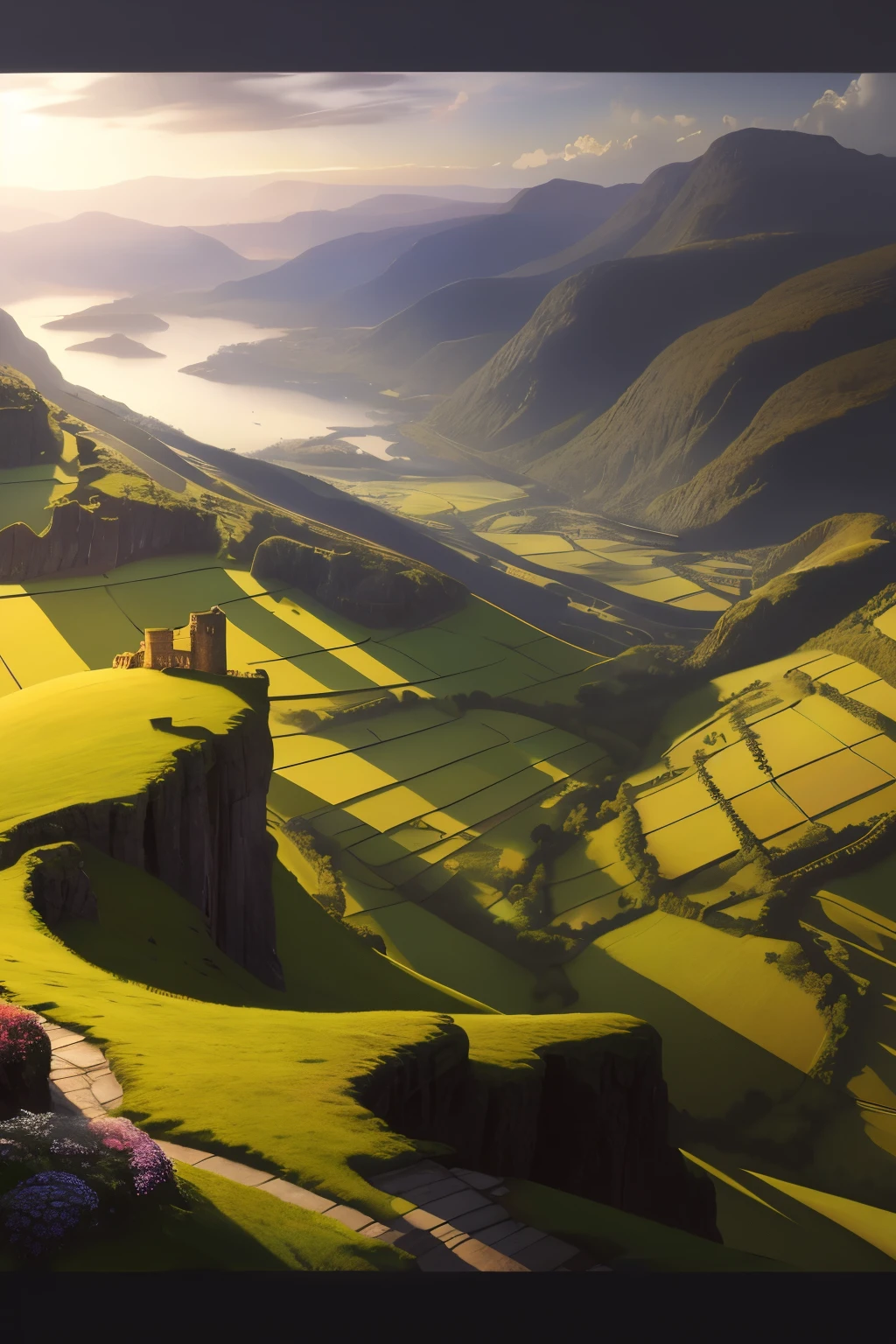 A breathtaking digital painting masterpiece showcases the majestic landscapes of Cumberland, UK, as seen through the visionary eyes of John William Waterhouse and J.M.W. Turner. The expansive mountains of Cumberland, veiled in an ethereal glow, serve as the serene abode for enchanting unicorns roaming freely among the rolling hills. This highly detailed digital art is a testament to the artists' intricate craftsmanship, with every contour, texture, and shade meticulously rendered. The composition exudes a trending aesthetic, gracing the covers of esteemed art publications such as ArtStation and CG Society. Enjoy the spectacular display of