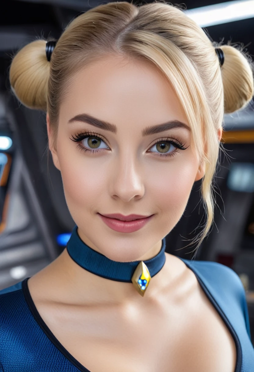 hyperrealistic beautiful busty 18-year-old women with long legs wearing startrek cosplay outfit, model shooting full body photography, natural blonde classic bun, dark eye makeup with eyeliner, seductive smile, small necklace, 8K, Best quality, Meisterwerk, ultra high resolution, (Realismus: 1.4), Originalfoto, (realistische Hautstruktur: 1.3), (Filmkorn: 1.3), (Selfie-Winkel), 1 girl, Beautiful round hazel eyes and facial details, Meisterwerk, Best quality, at a starship movie set