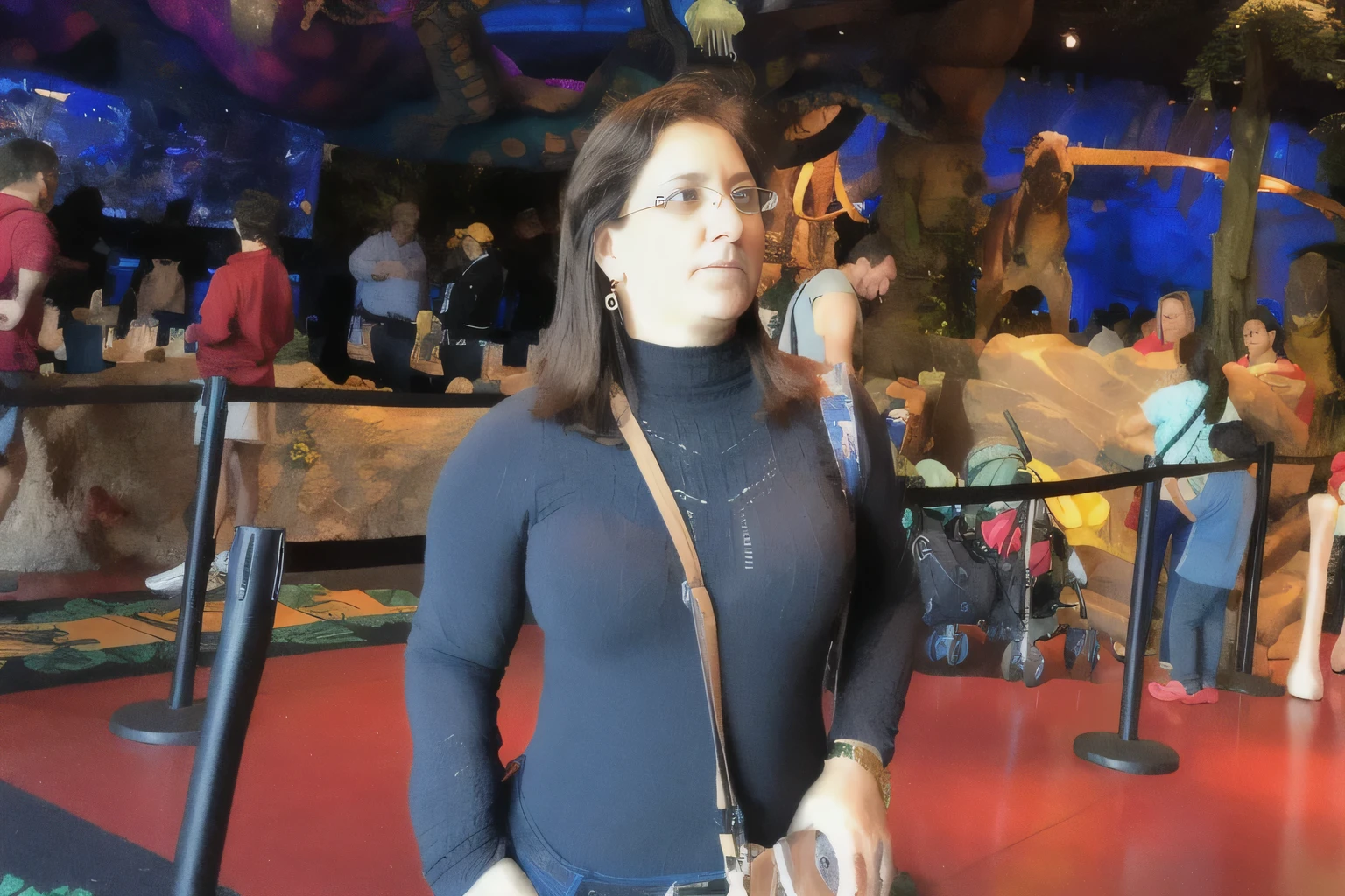 A beautiful, bespectacled, confident Brazilian woman with white, tanned skin and medium-length dark hair, her hair down, wearing jeans and a black collared shirt, a beige bag hanging on her shoulder, in front of the T-Rex restaurant at Disney Spring in Orlando, in the USA, appears posing for the photo, which suggests a festive and casual Disney Spring atmosphere in front of Disney Spring's T-REX restaurant, wearing a black turtleneck sweater. She is around 40 years old, 162 cm tall and weighs 56 kg. Her body exudes glamor and her face is a definition of beauty. Slender body, thin waist. Highly realistic, hyperrealism, very elaborate skin, hyperrealism, high quality photo. Sharp Photo, High Resolution, High Quality, Masterpiece, 16K Photo, Sharp Photo, High Contrast, Masterpiece, (Photographically Realistic), 16k, NUDE, NUDITY, NFSW.
