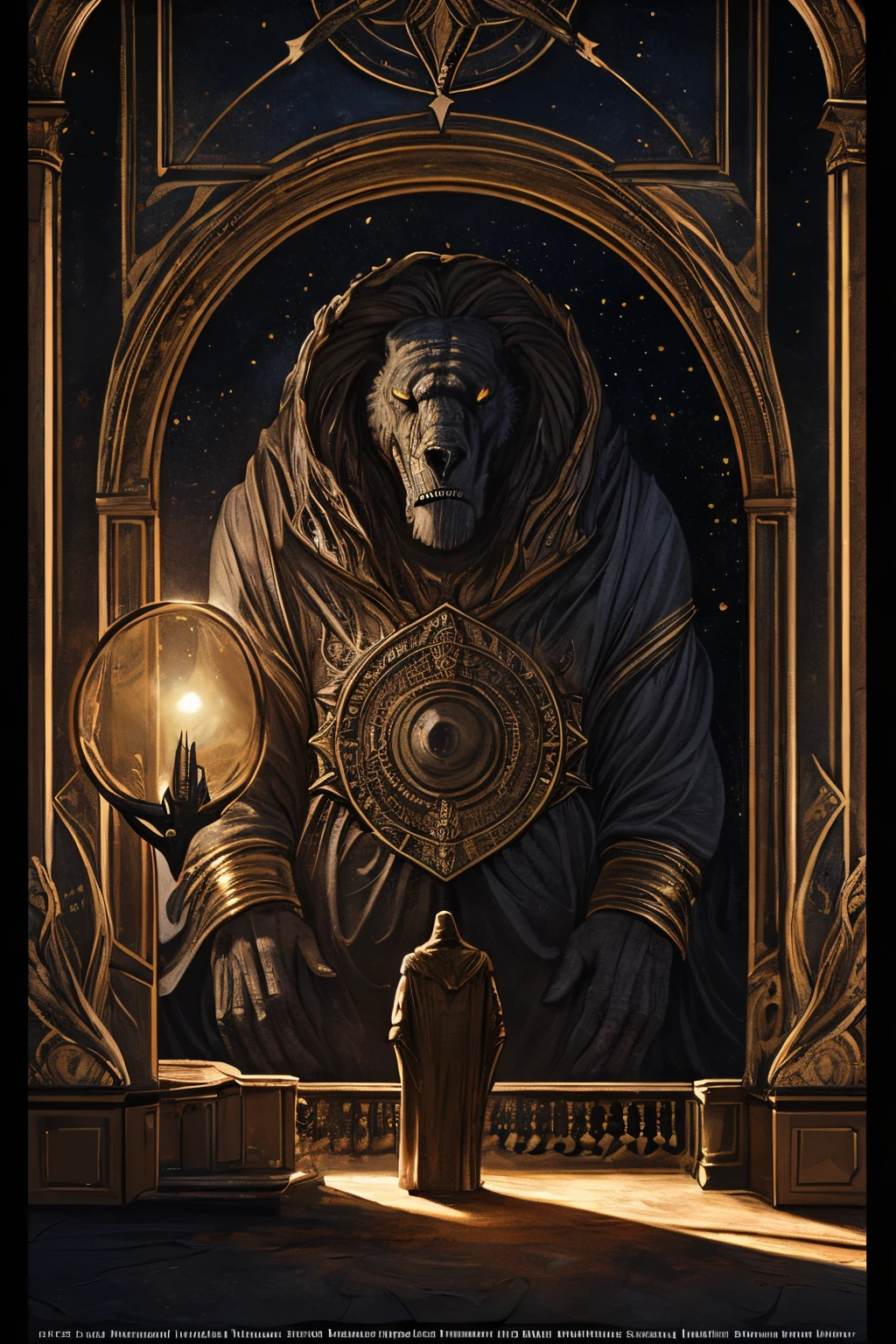 A monumental figure with a colossal, SR-99-like schnoz and an immensely gargantuan stomach that drapes to the ground, aged a grand centennial. This prodigious being exhibits a pronounced, hunchbacked posture, a testament to the passage of time and the weight of his cosmic responsibilities.
Details abound in this masterful depiction, a high-quality digital artwork accentuated by a dramatic lighting scheme, intricate textures, and a profound sense of realism. Eyes, as round and soulful as moonlight, reflect wisdom gleaned over a millennium, while a broad, benevolent smile adorns