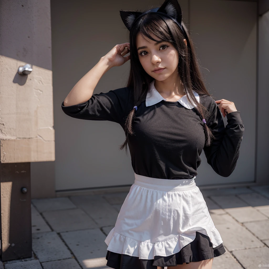 there is a photo of a girl dressed as a cat, uniforme de estudiante de la escuela de magia, minifalda plisada, usando falda, traje femenino, traje de mucama, falda negra, falda plisada, anime estilo 3d, usando una falda, render de una linda chica anime 3d, modelo de cuerpo completo anime vtuber, estilo anime plano, Gothic pastel, colores suaves y lindos
