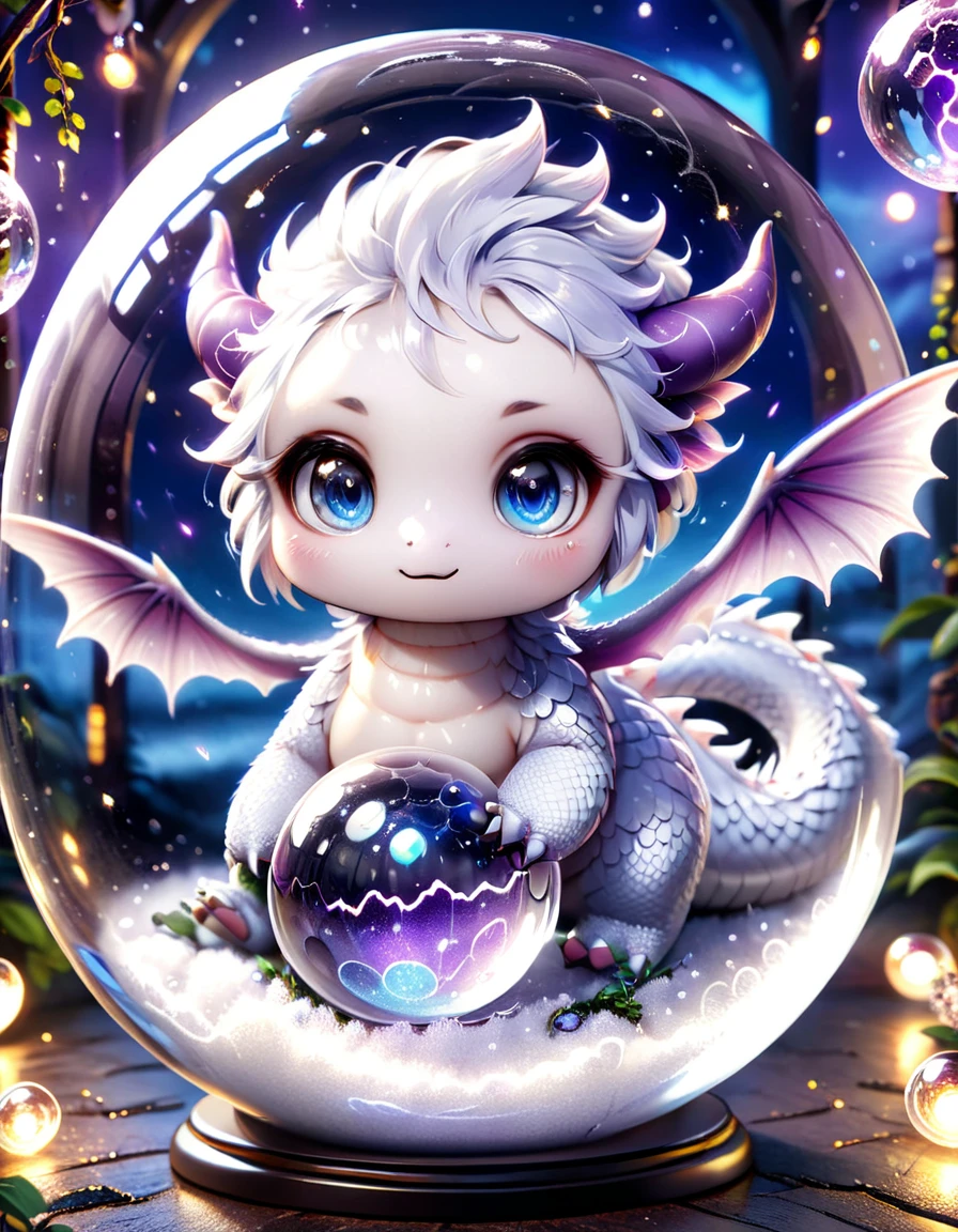 absurdres, highres, ultra detailed, HDR, master piece, best quality, ( trapped inside a crystal ball) small white dragon, expressive blue eyes, white eyelashes, blue horns, wings, fantasy magical background, sparkling, shining, purple lightning, floating round lights, starry, void