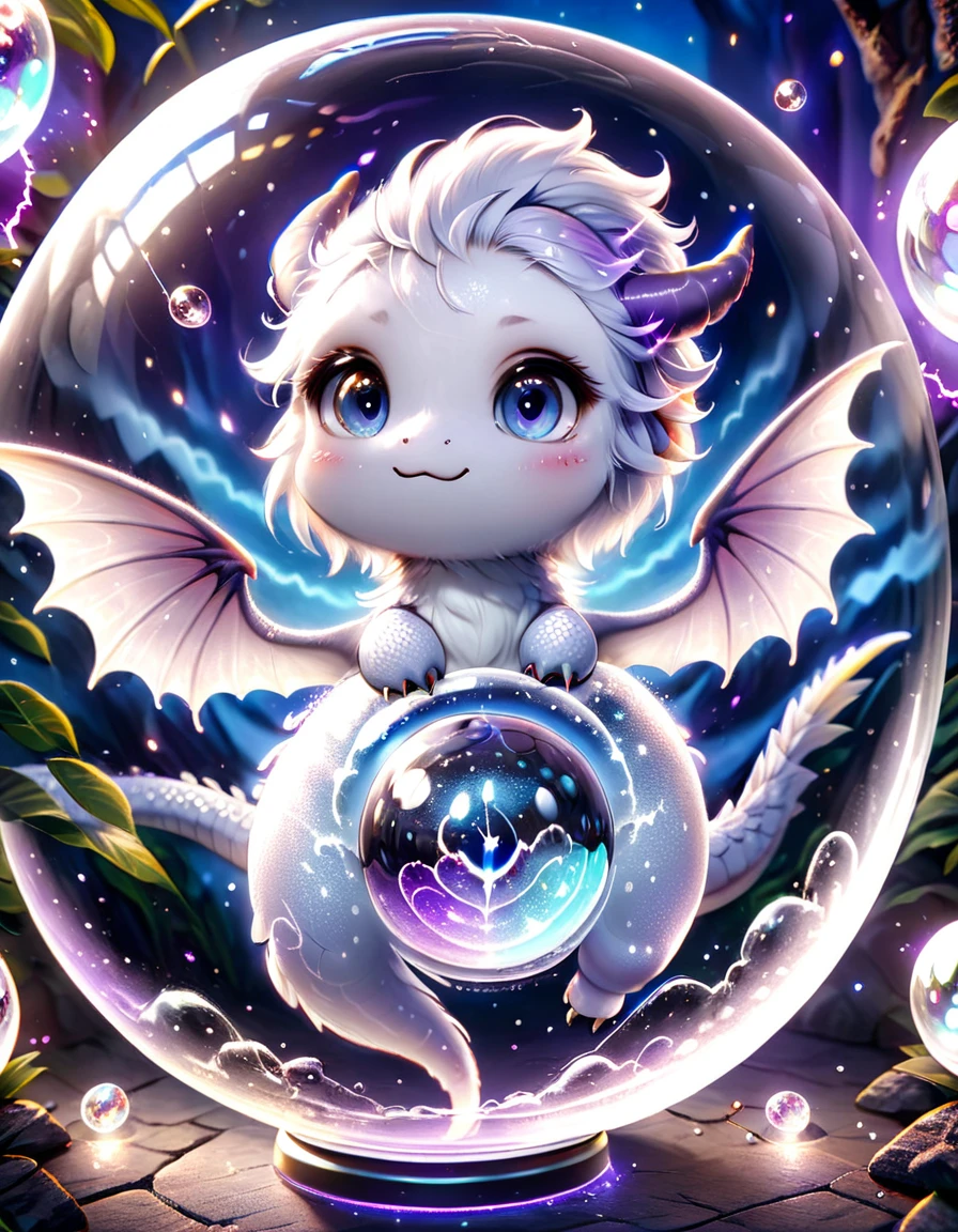 absurdres, highres, ultra detailed, HDR, master piece, best quality, ( trapped inside a crystal ball) small white dragon, expressive blue eyes, white eyelashes, blue horns, wings, fantasy magical background, sparkling, shining, purple lightning, floating round lights, starry, void