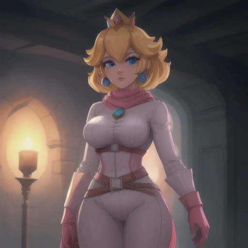 masterpiece, high quality, extremely detailed, 1girl, mature female, solo, ambient soft lighting, perfect lighting, princess_peach_mariokart_outfit, golden crown, short blonde hair, bright blue eyes, The 4k textures showcases the utmost level of detail, while the cinematic lighting adds depth and adventure to the scene