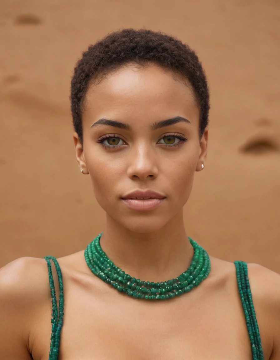 Mixed race woman, emerald green necklace, 1.65m de hauteur 75kg, peau caramel , desert agafay, fond sans fin, yeux marron noisette,